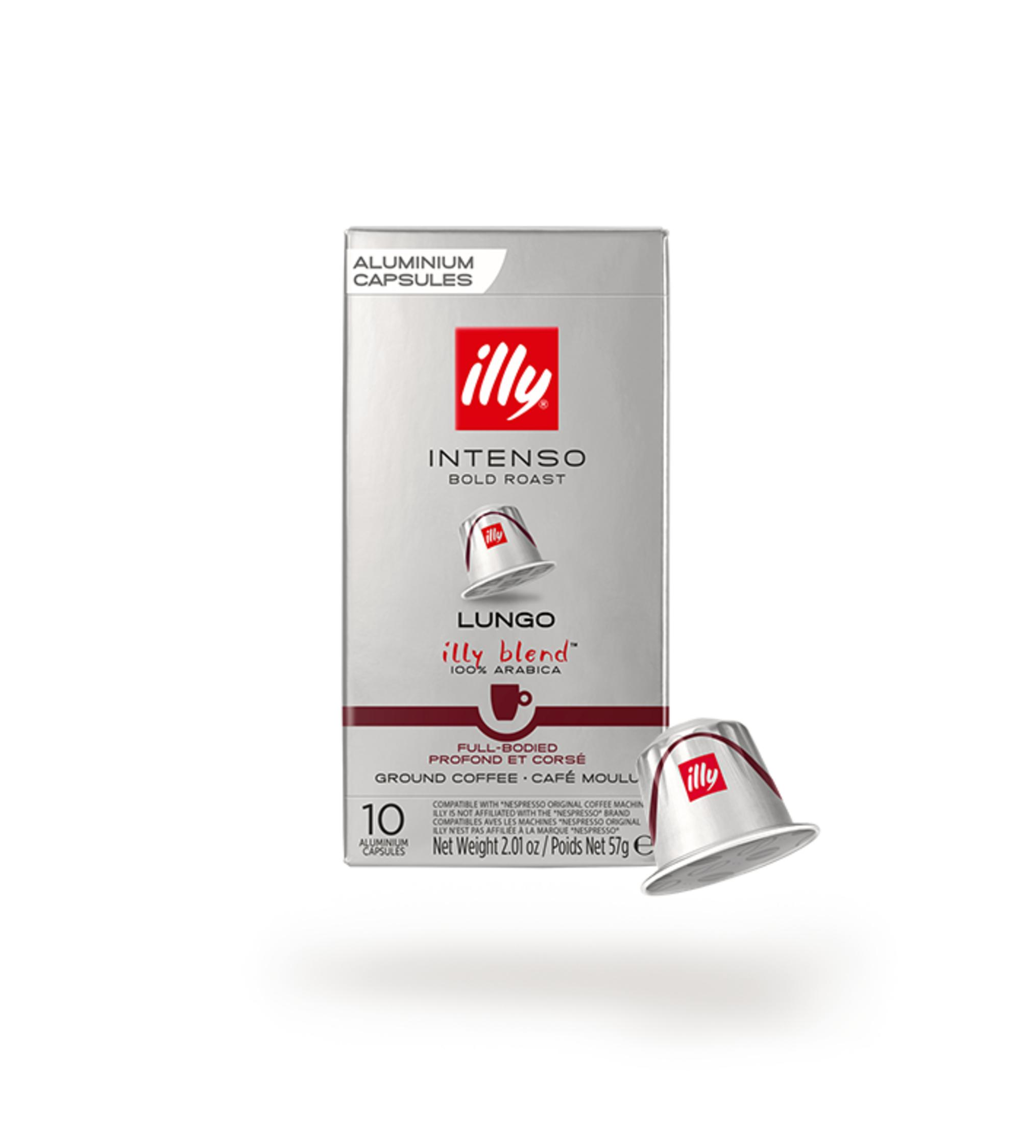 Illy Intenso Lungo Kaffee Kapseln, 10 Stück. Silberne Verpackung.