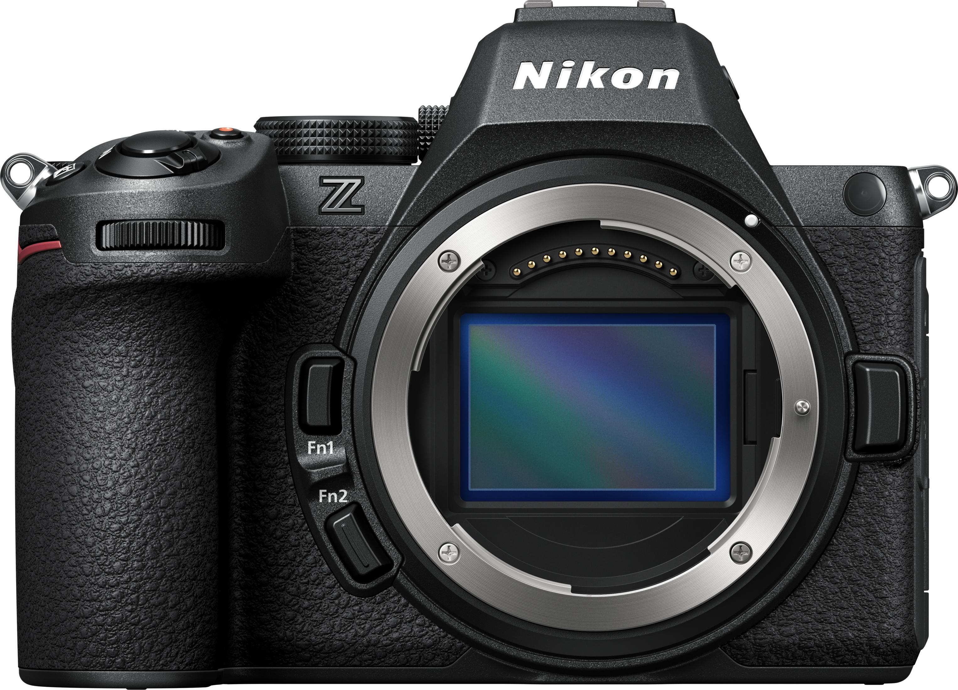Una cámara Nikon Z negra con montura de lente plateada y cubierta de sensor azul.
