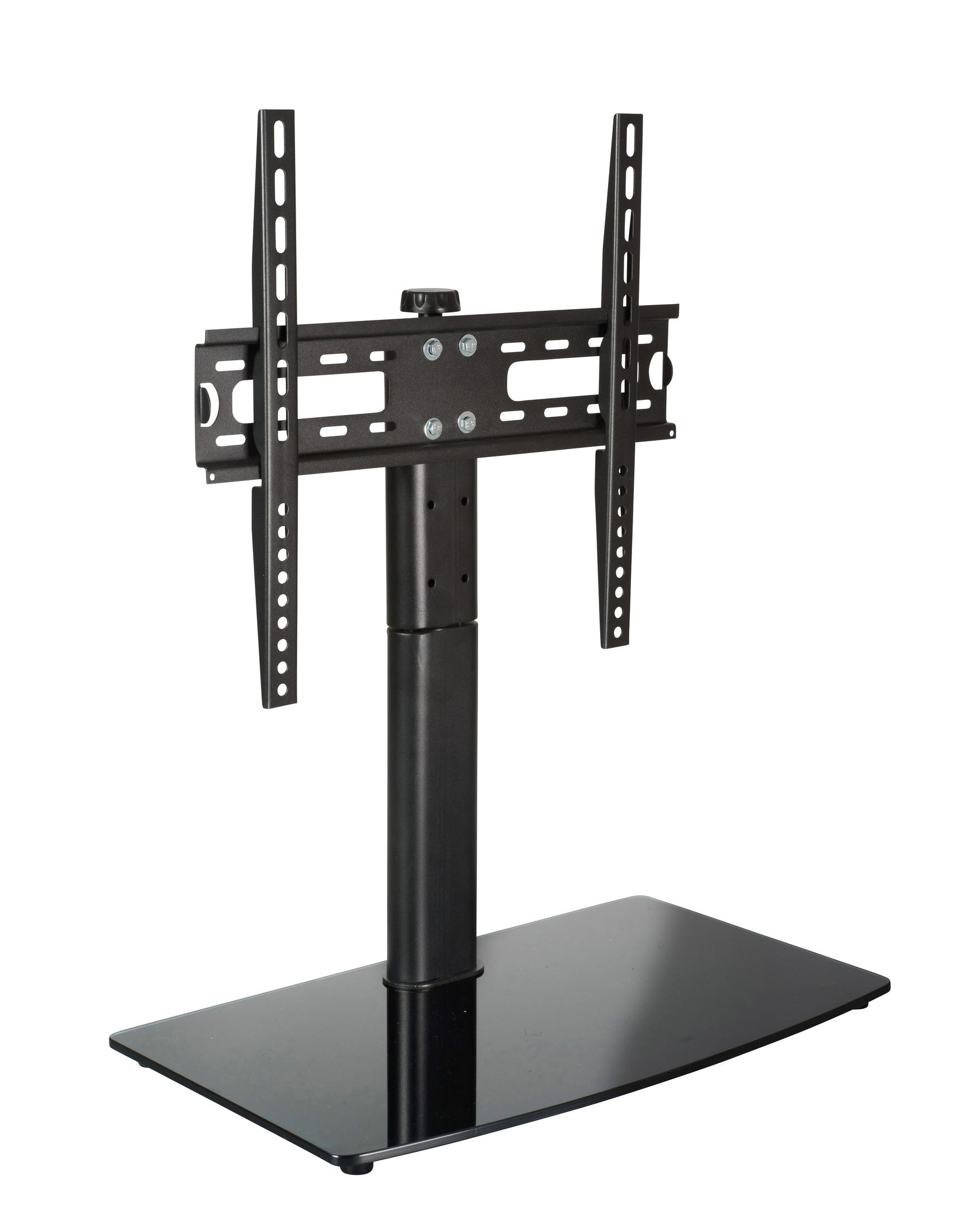 Soporte de TV negro con base de cristal y soportes ajustables.