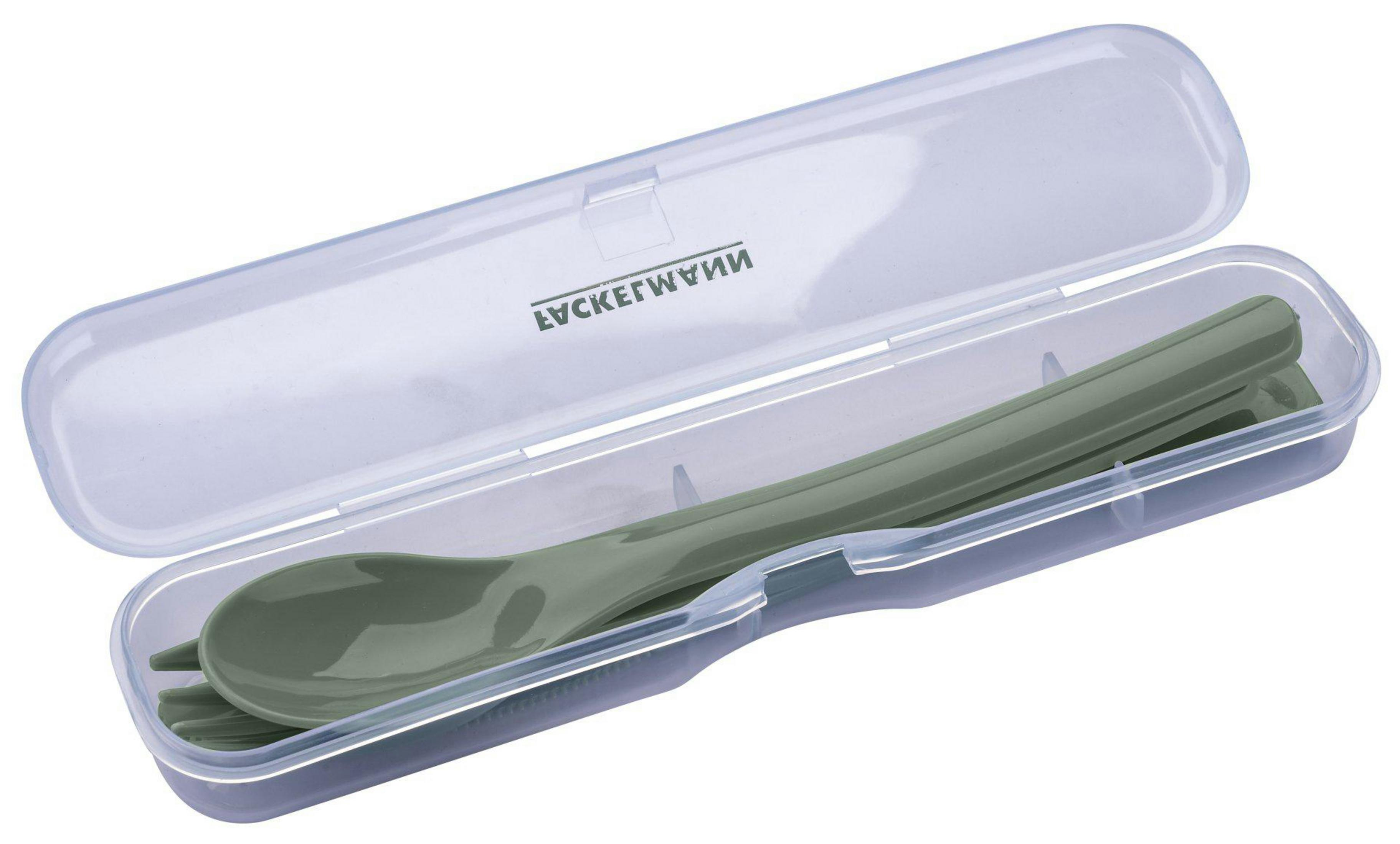 Ein grünes Besteckset (Gabel und Löffel) in einem transparenten Reiseetui.