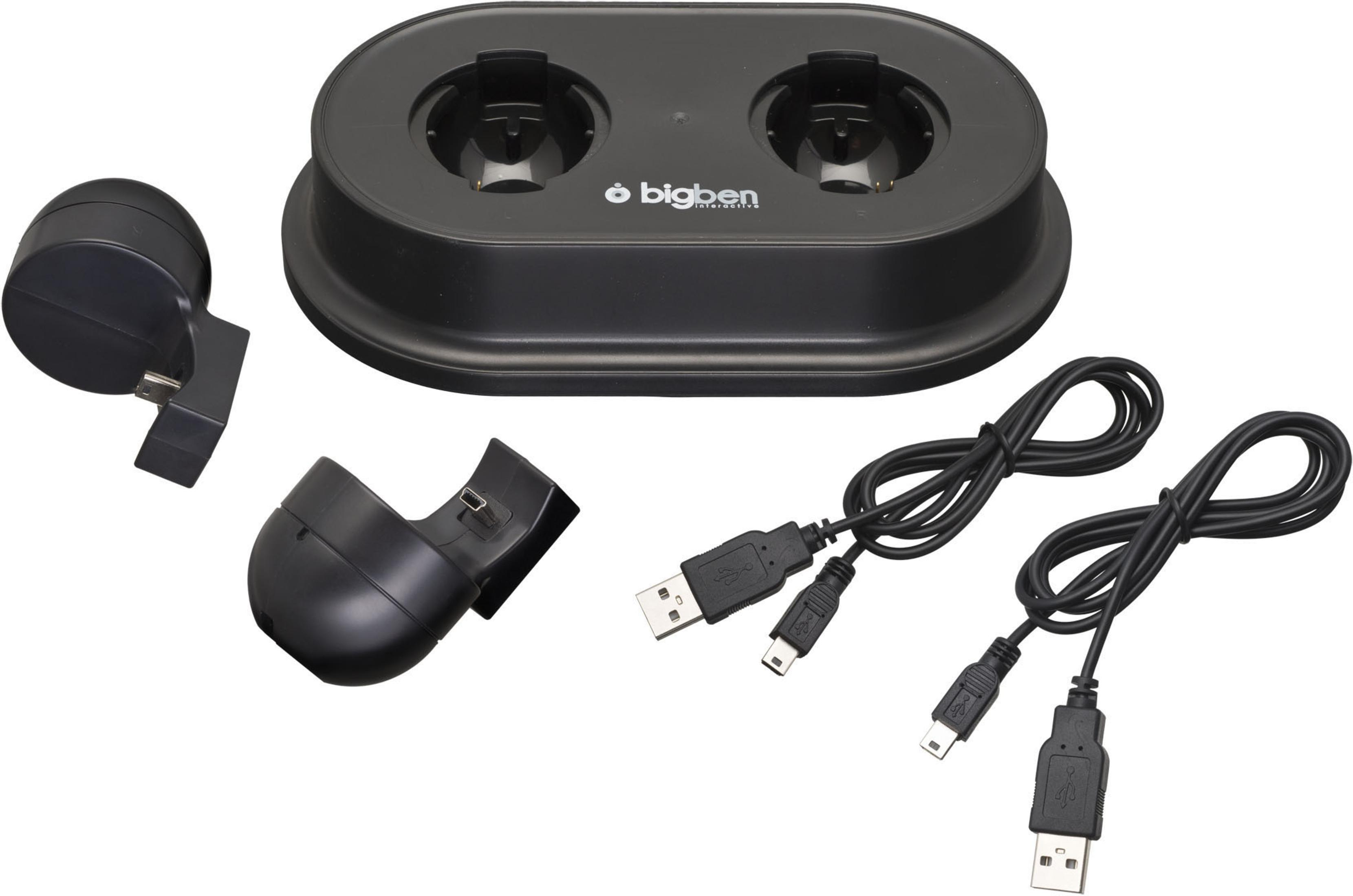 Dock di ricarica doppio nero con due cavi USB e due adattatori.