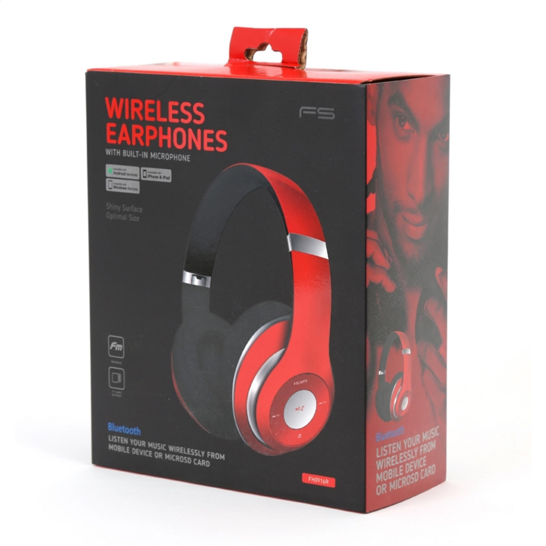 Emballage d'écouteurs sans fil rouges avec Bluetooth et microphone intégré.