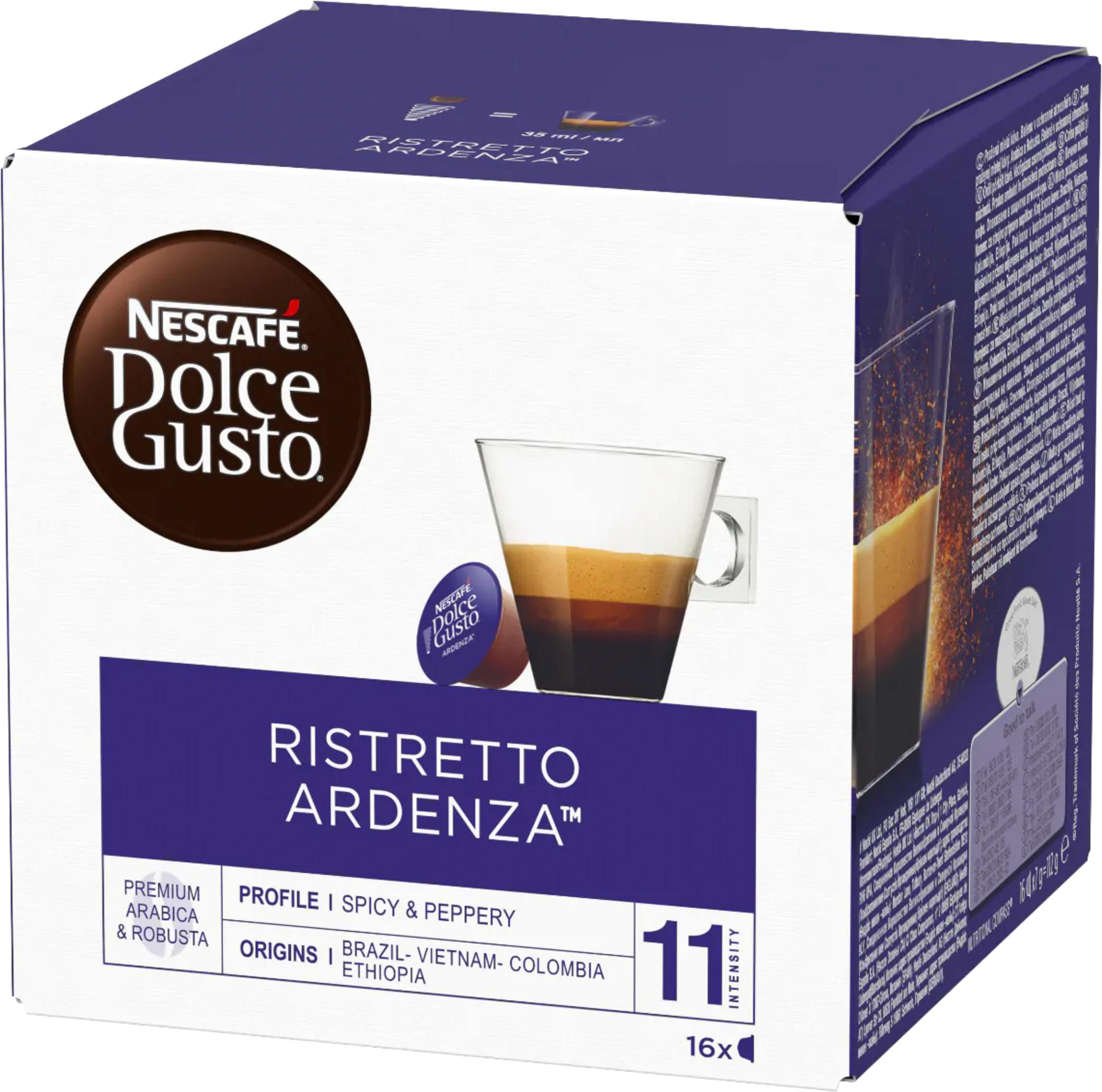 Nescafe Dolce Gusto Ristretto Ardenza Kaffee-Kapseln mit Espresso im Glas.