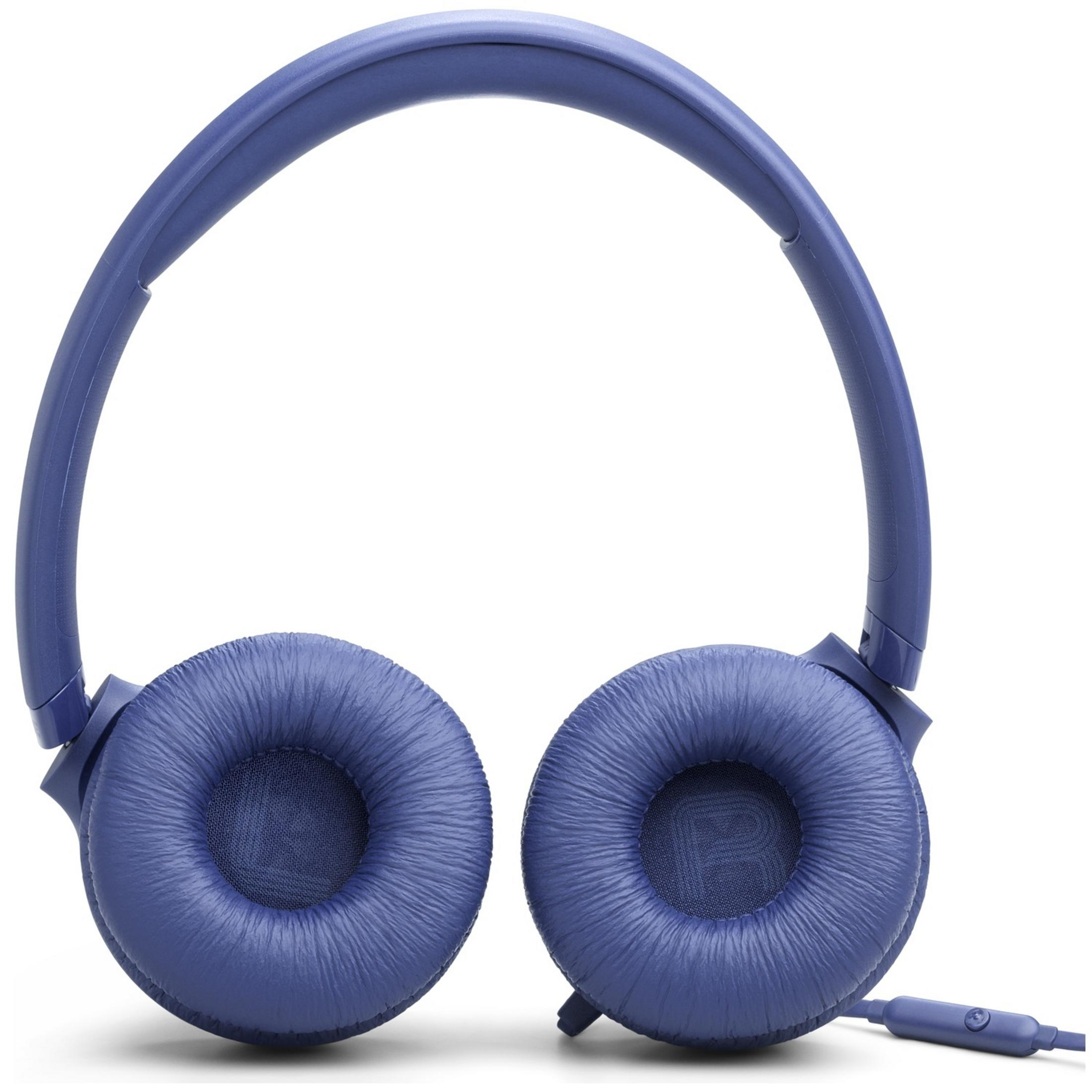 Blauwe on-ear koptelefoon met gedempte oorschelpen en een snoer met afstandsbediening.