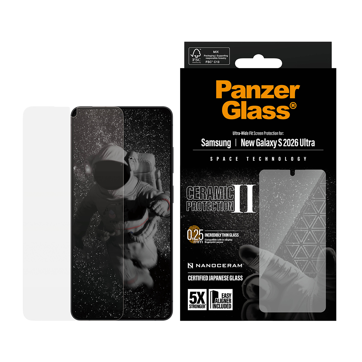 Samsung Galaxy S2026 Ultra için Panzer Glass ekran koruyucu, astronot görselli.