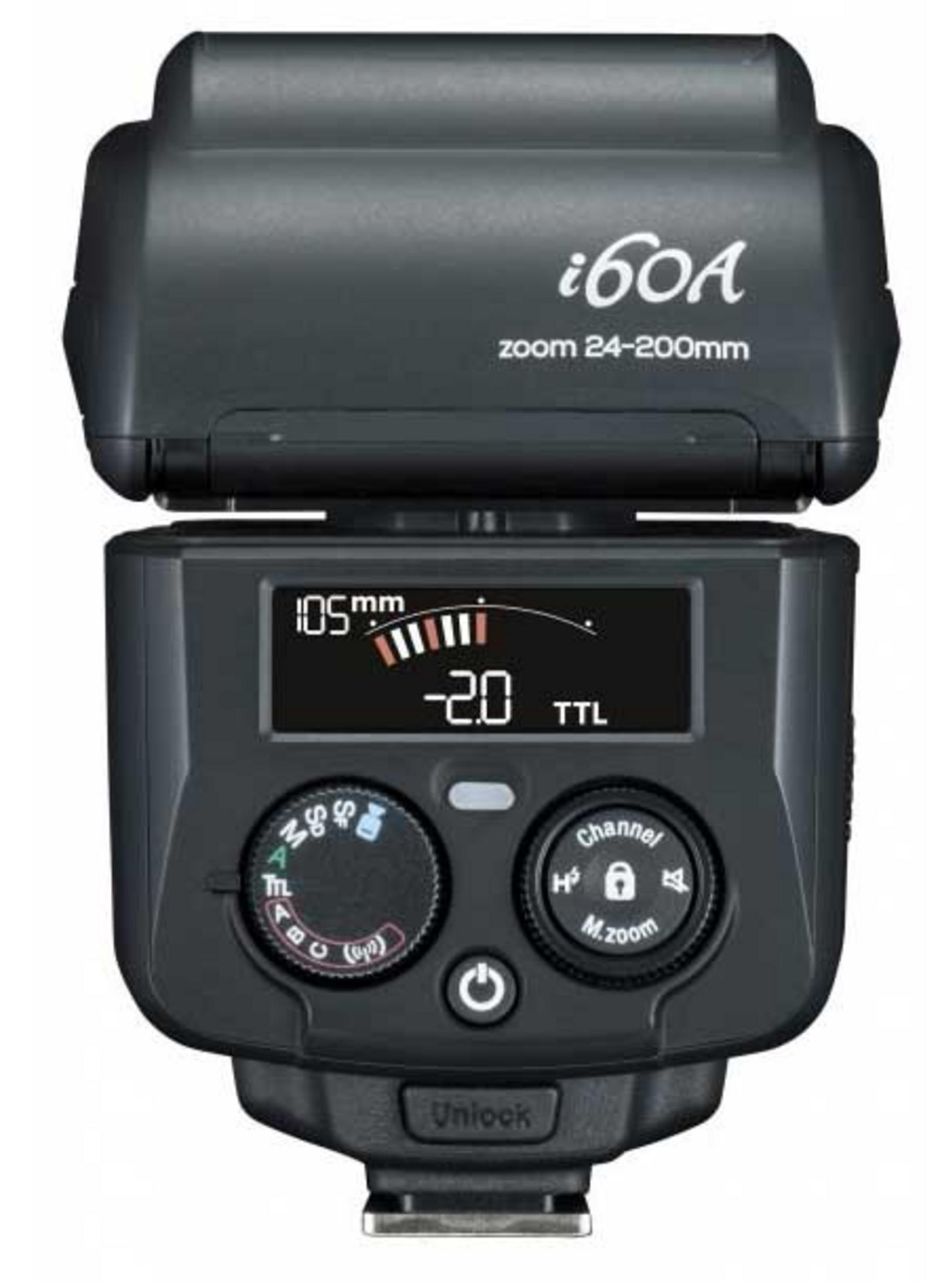 Dark gray camera flash with LCD screen and control dials.