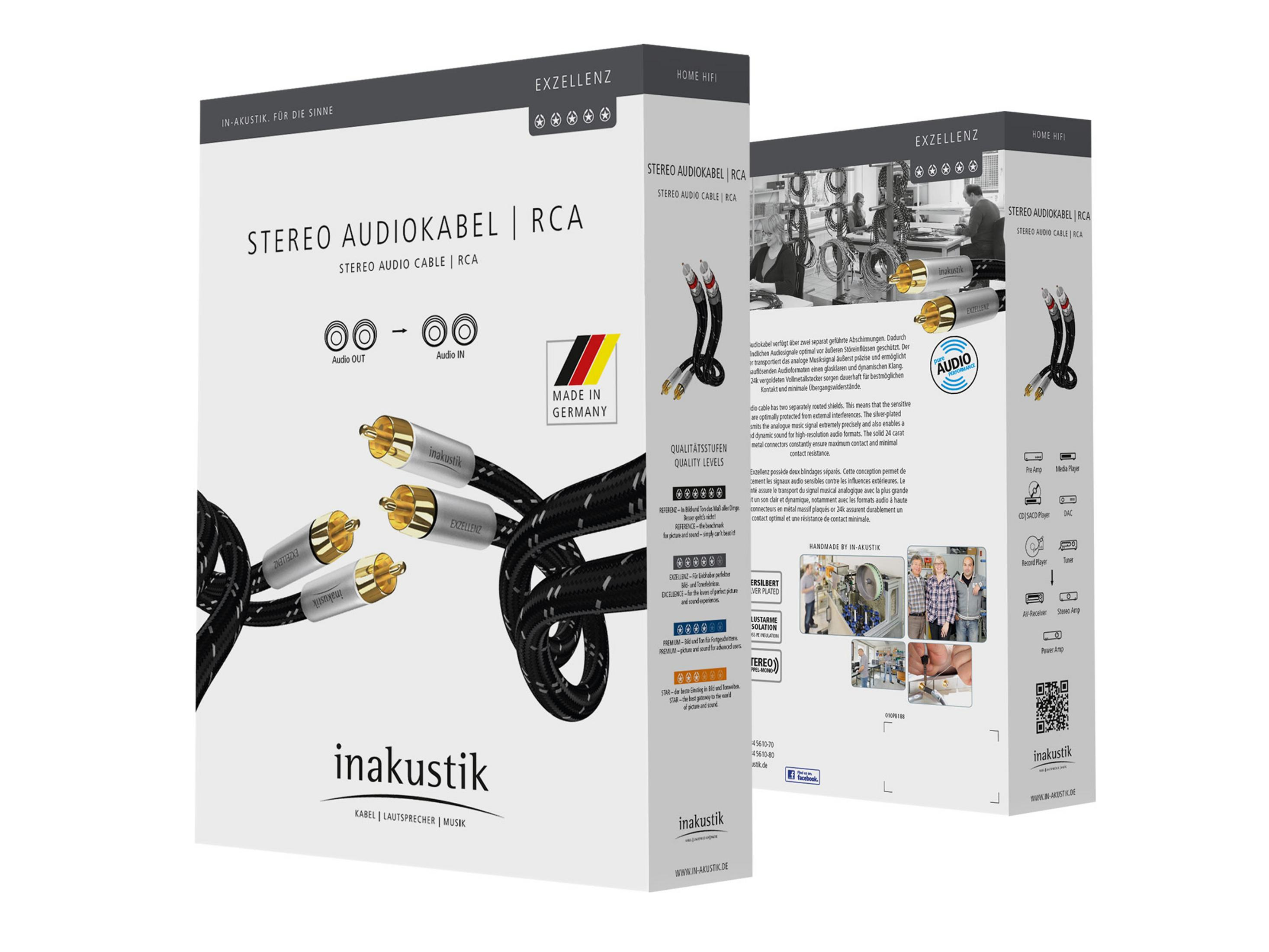 Cavo Audio Stereo RCA Inakustik con connettori placcati oro e produzione tedesca.
