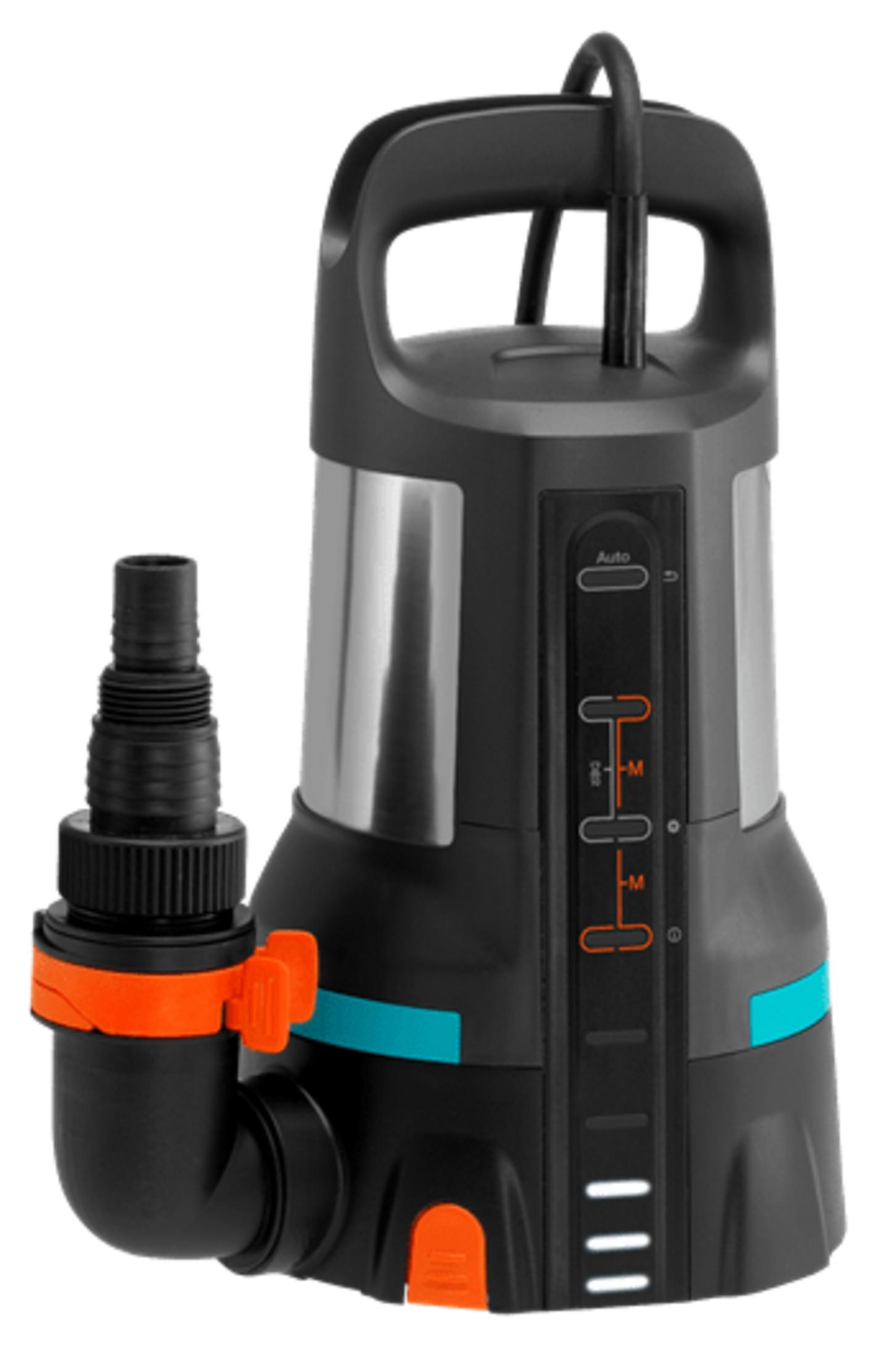 Grauer und schwarzer Tauchpumpenmotor mit orangefarbenem Anschluss und blauem Streifen.