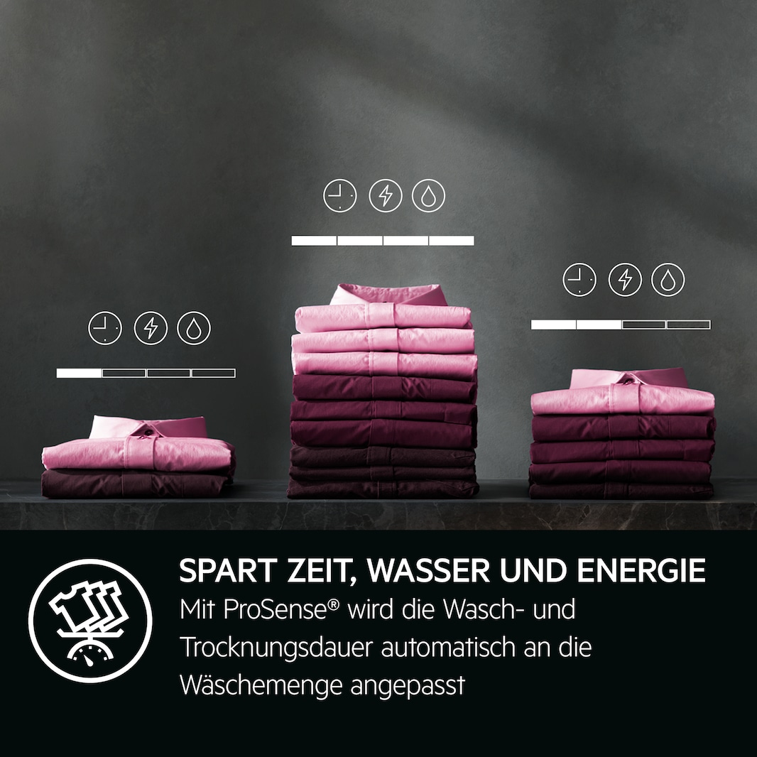 Gestapelte Hemden in Rosa und Lila mit Symbolen für Zeit, Energie und Wasser.