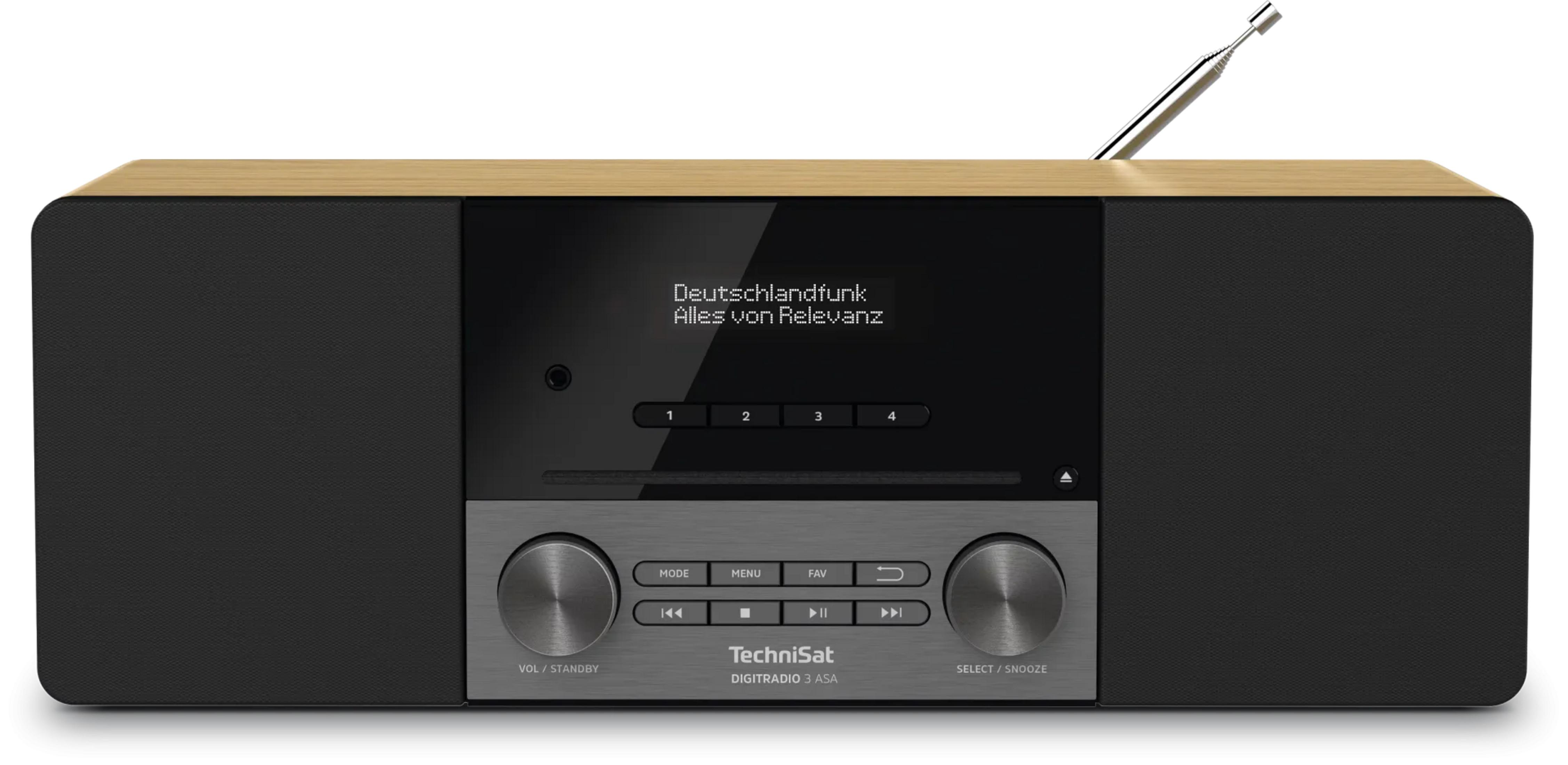 Un TechniSat Digitradio 3 ASA con piano in legno, altoparlante nero e display.