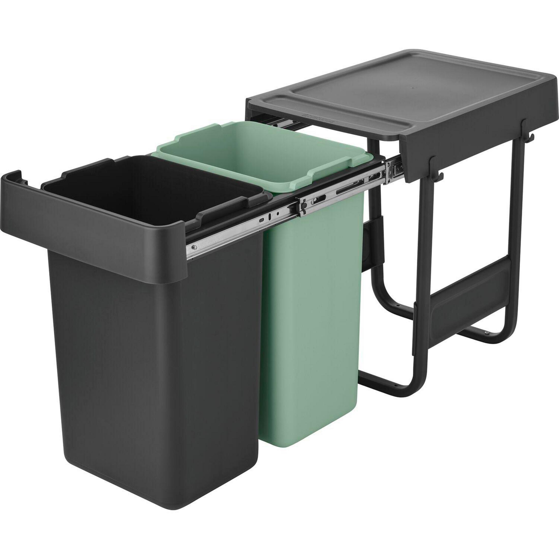 A pull-out trash bin with two compartments, one black and one green.