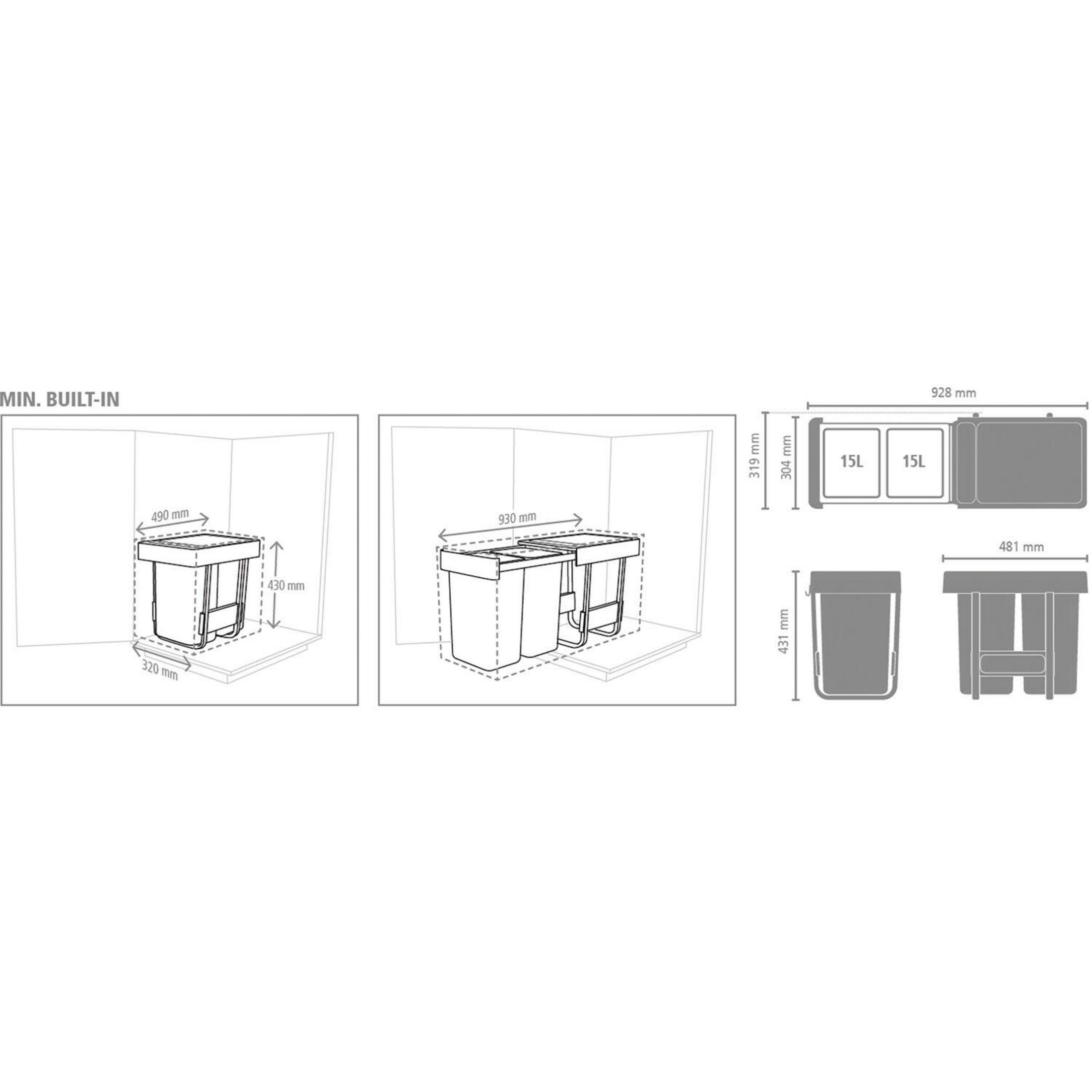 Technical drawing of two trash bins with dimensions.