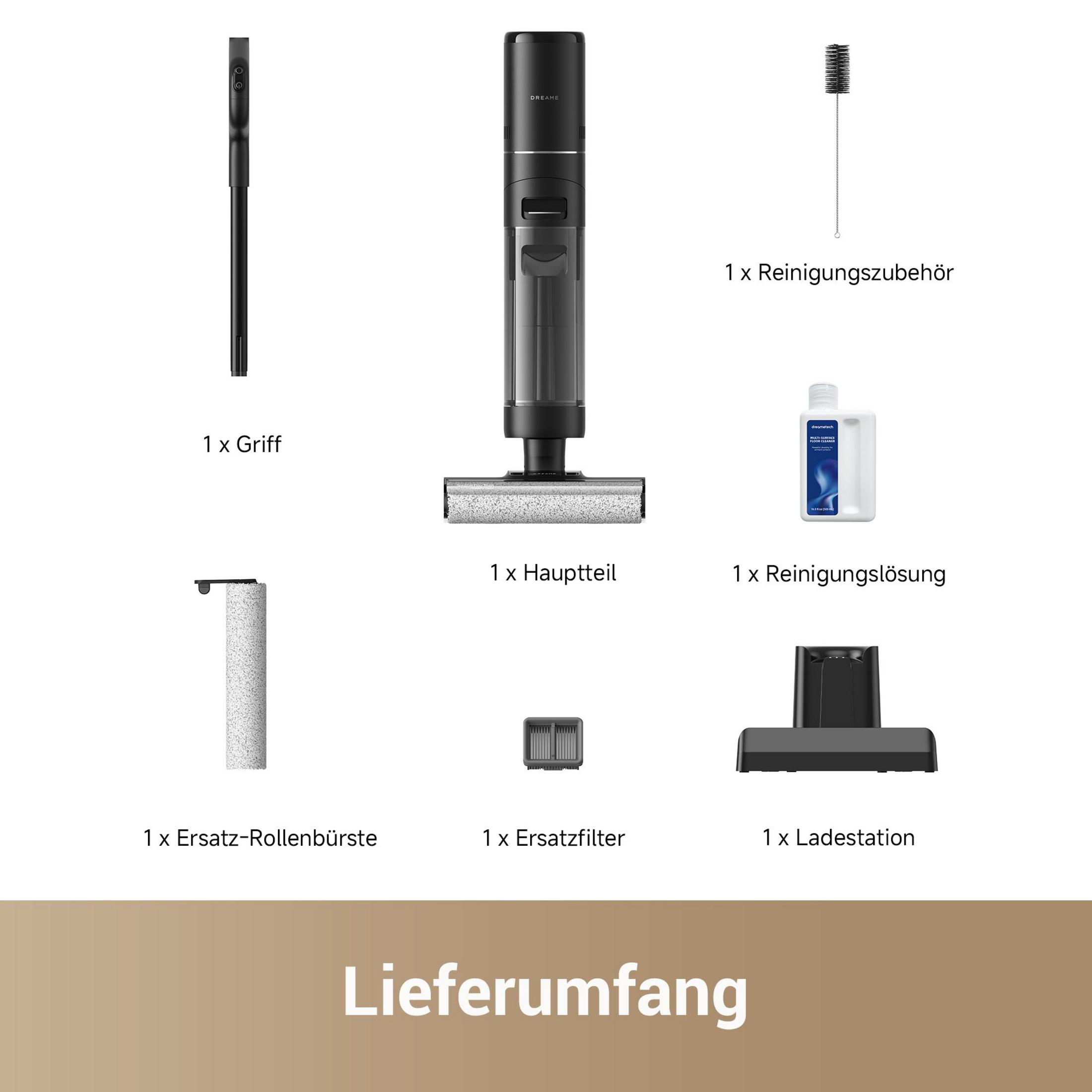 Accessori per pulitore per pavimenti: manico, unità principale, spazzola di ricambio, filtro, base di ricarica.