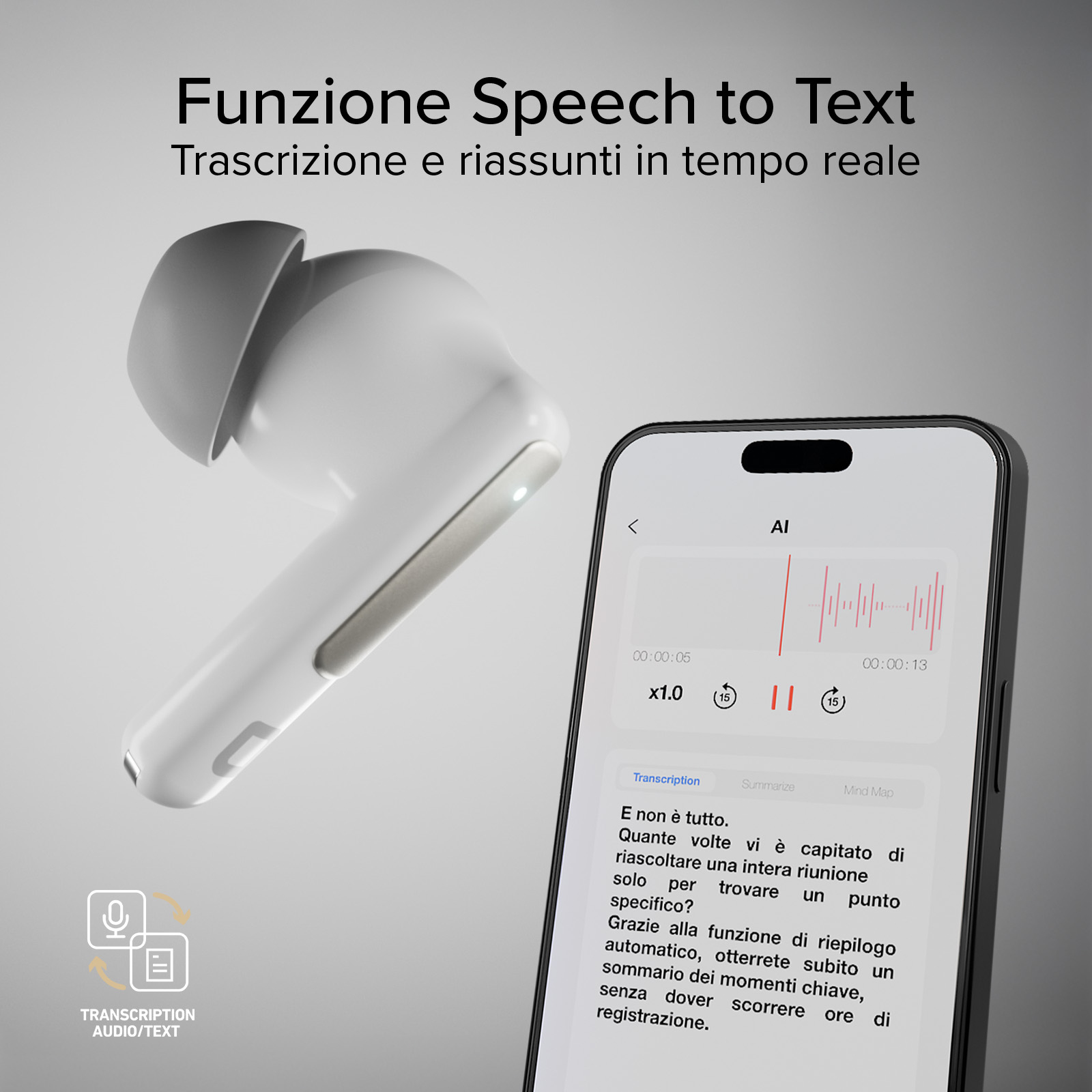 Un auricolare bianco accanto a uno smartphone che mostra un'app di trascrizione.