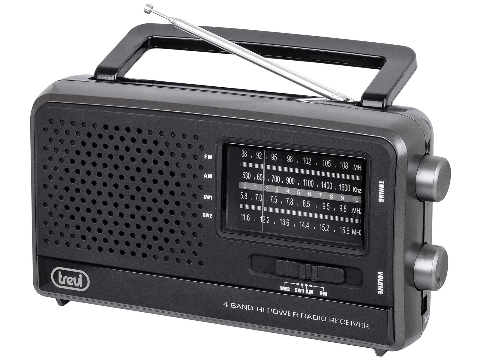Ein schwarzer tragbarer Radioempfänger mit Antenne, Lautsprechern und einem Display.