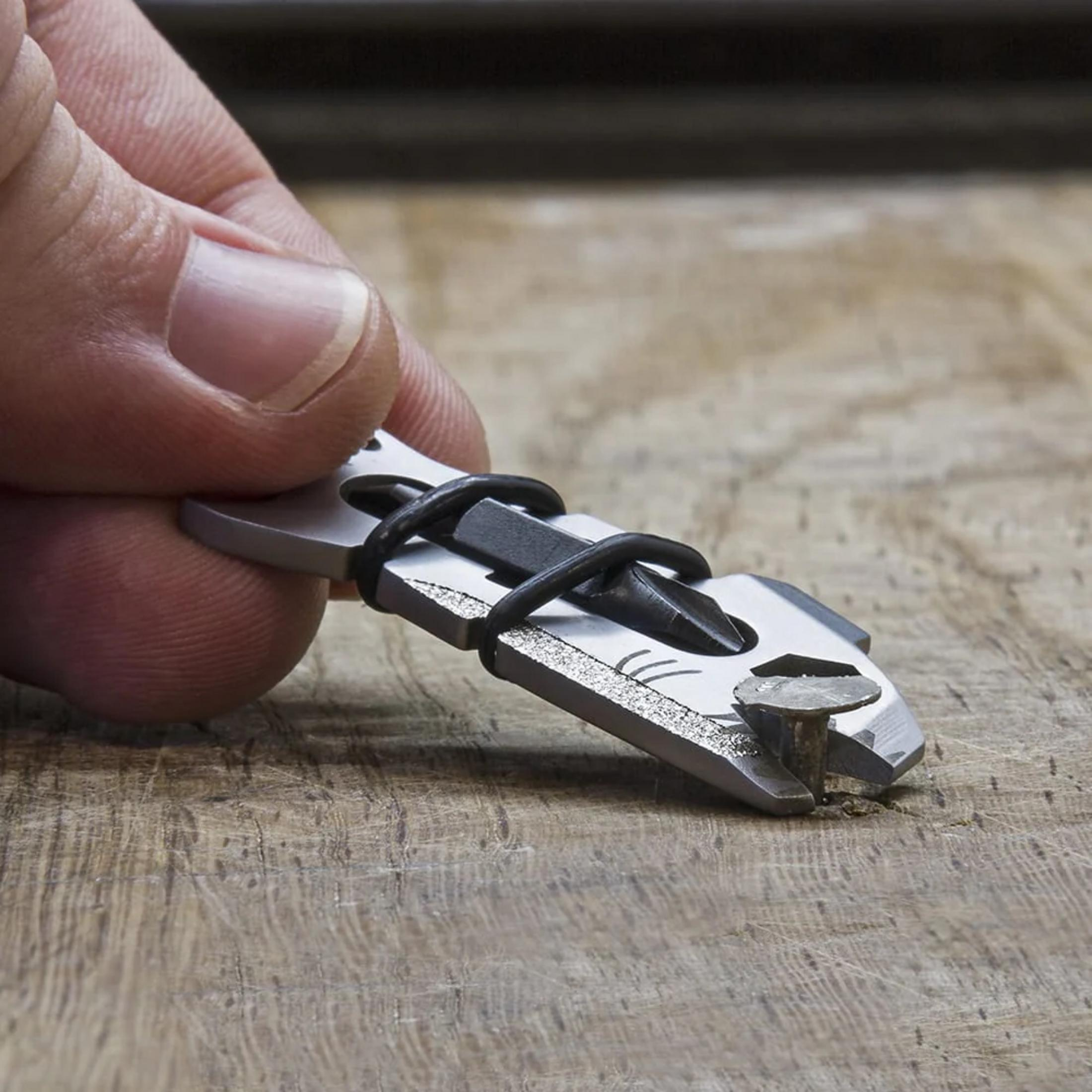 Ein Finger hält ein kleines Werkzeug, das einen Nagel in Holz greift.