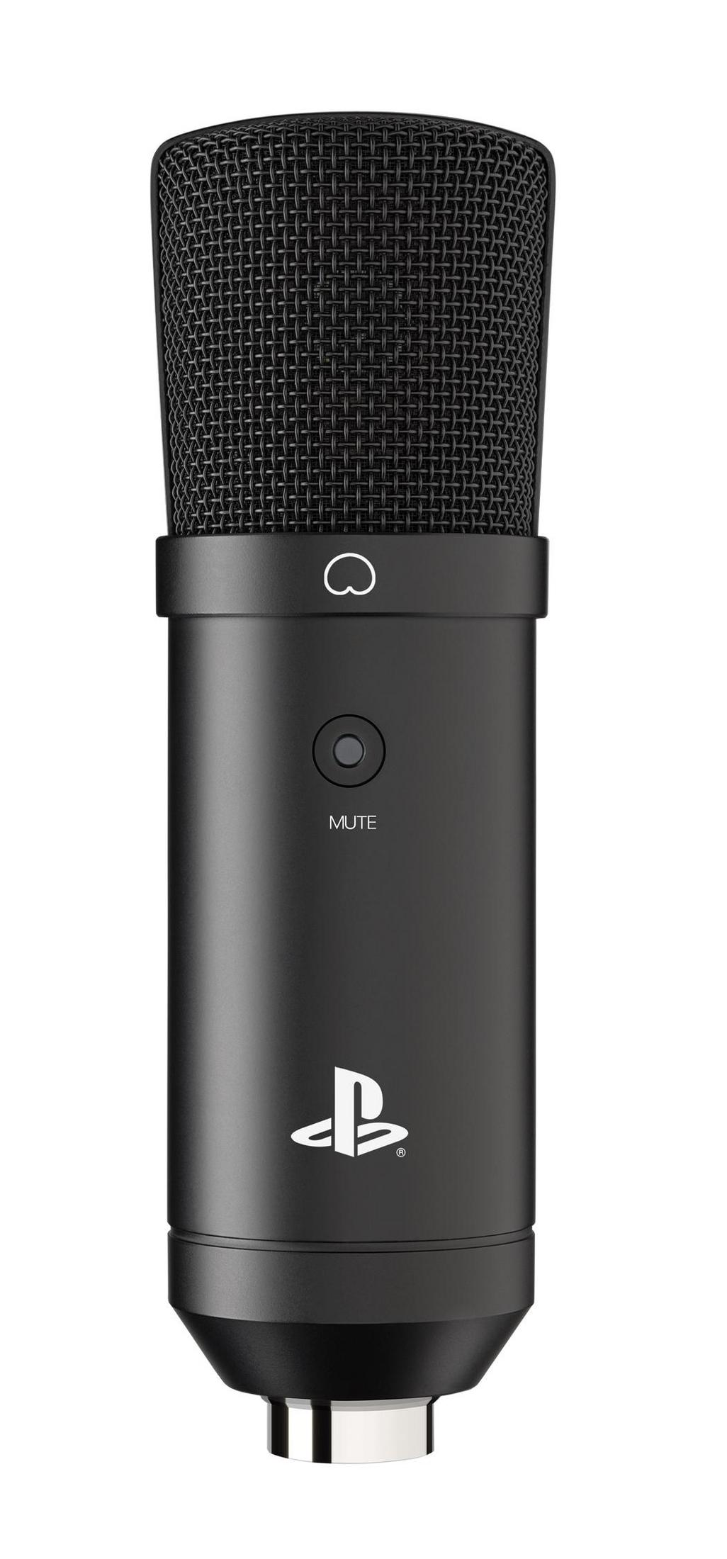 Schwarzes Mikrofon mit PlayStation-Logo und Mute-Taste.