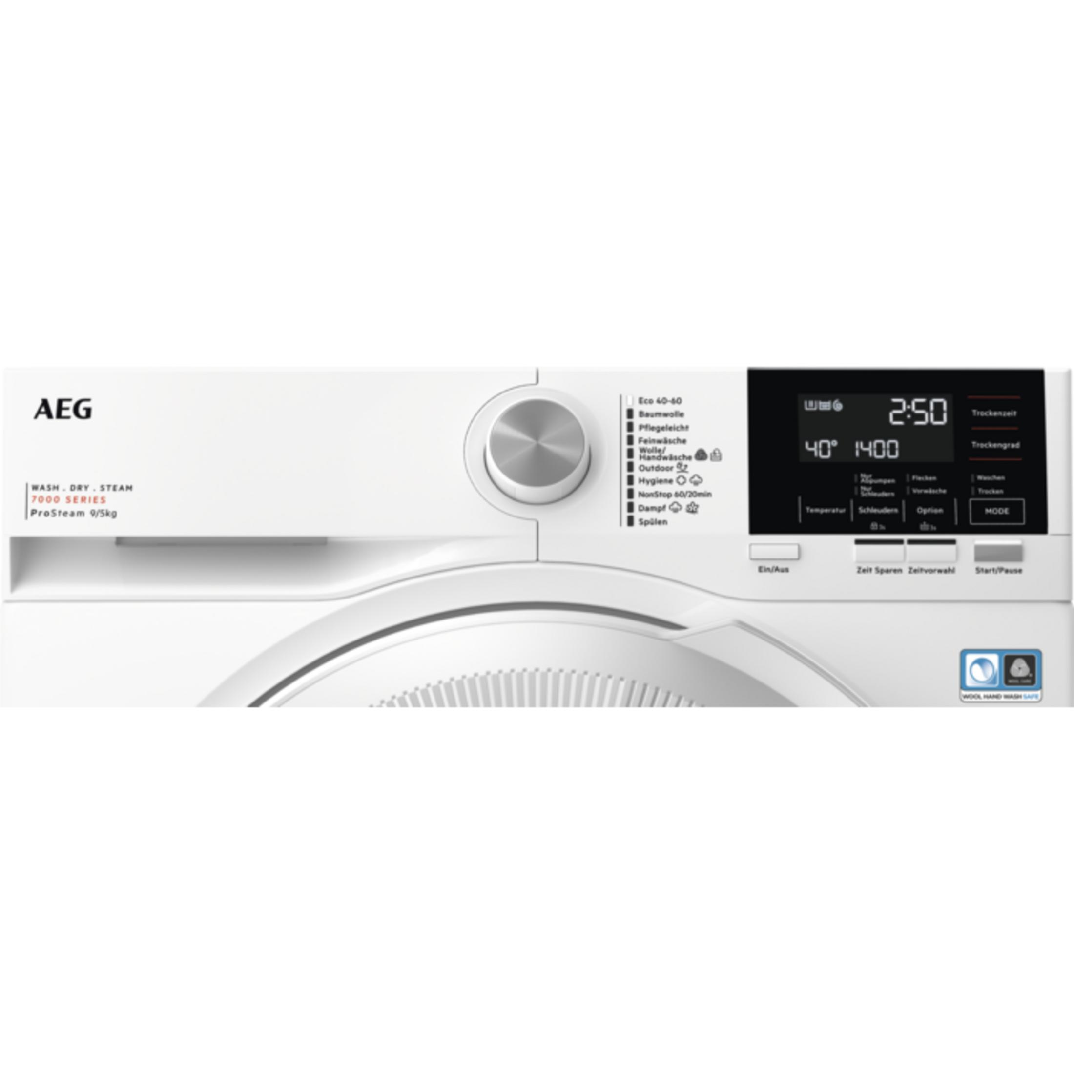 Eine weiße AEG Waschmaschine mit digitalem Display und Programmwahlknopf.