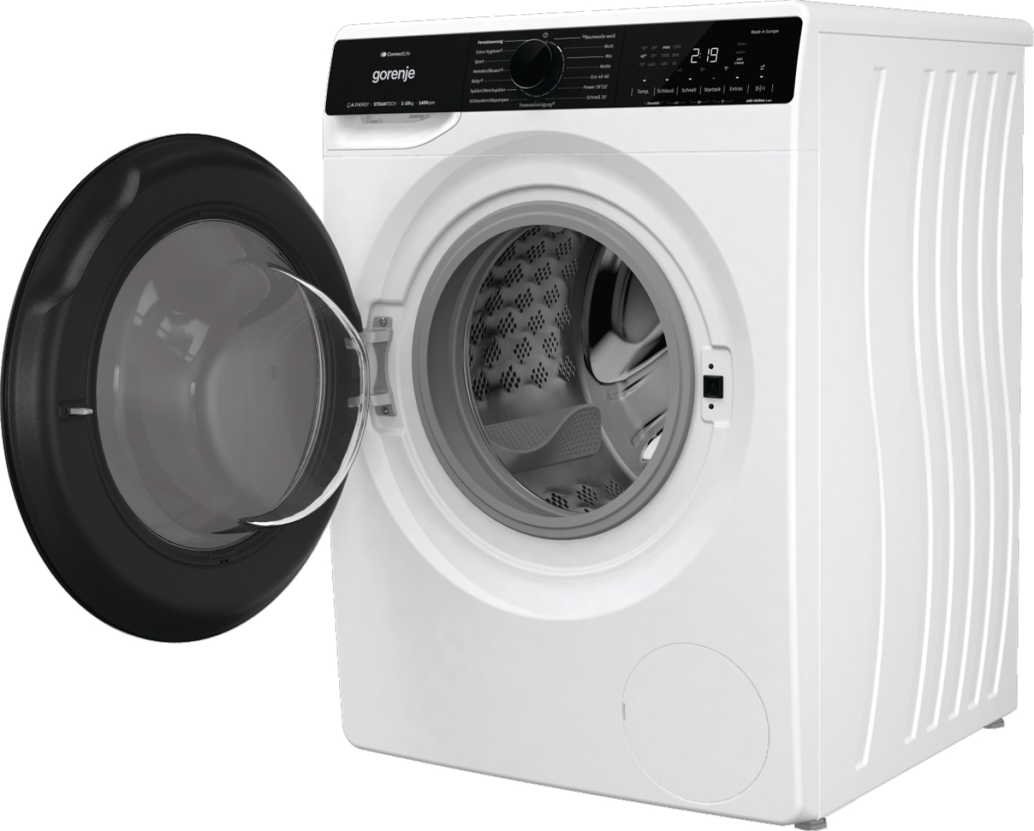 Eine weiße Gorenje Waschmaschine mit geöffneter schwarzer Tür und Bedienfeld.