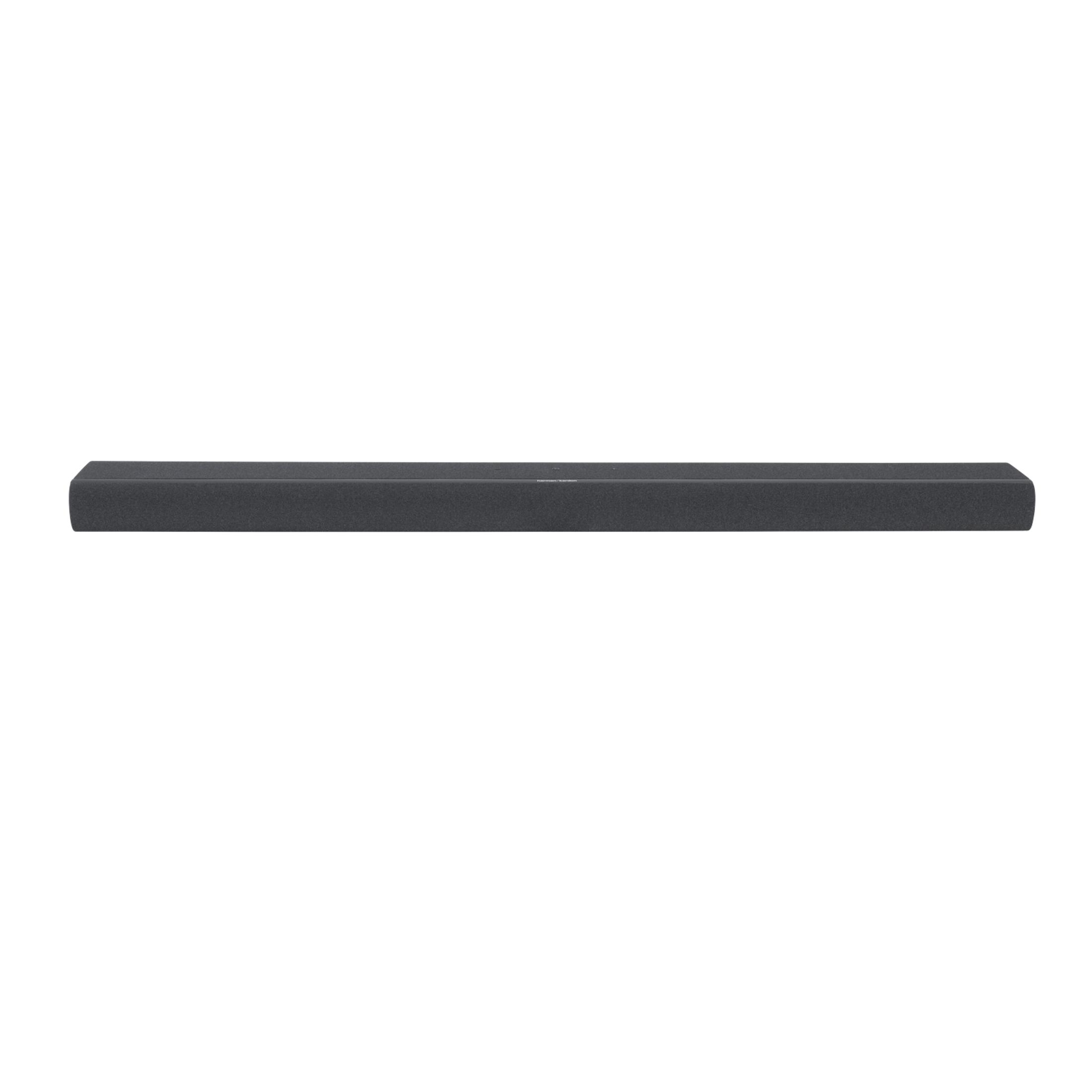 Elegancki, ciemnoszary soundbar z zaokrąglonymi krawędziami na białym tle.