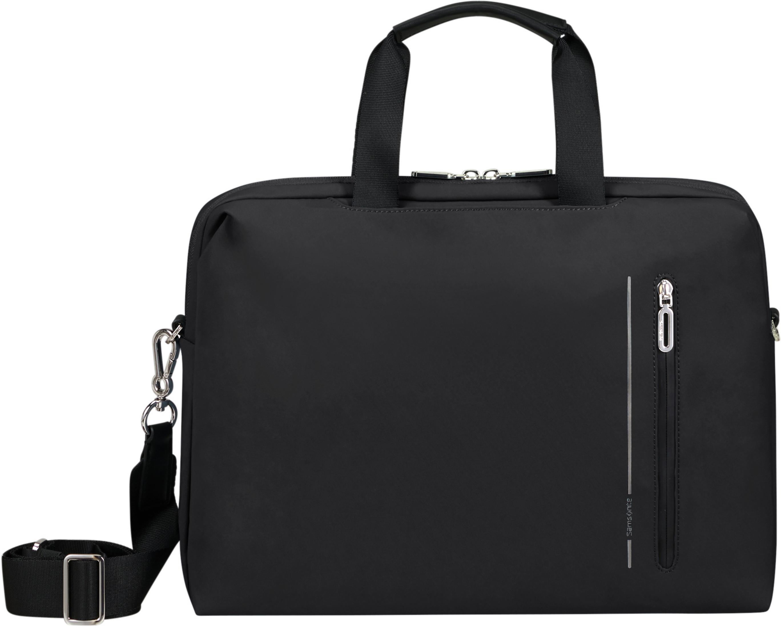 Schwarze Laptoptasche mit zwei Tragegriffen und abnehmbarem Schultergurt.