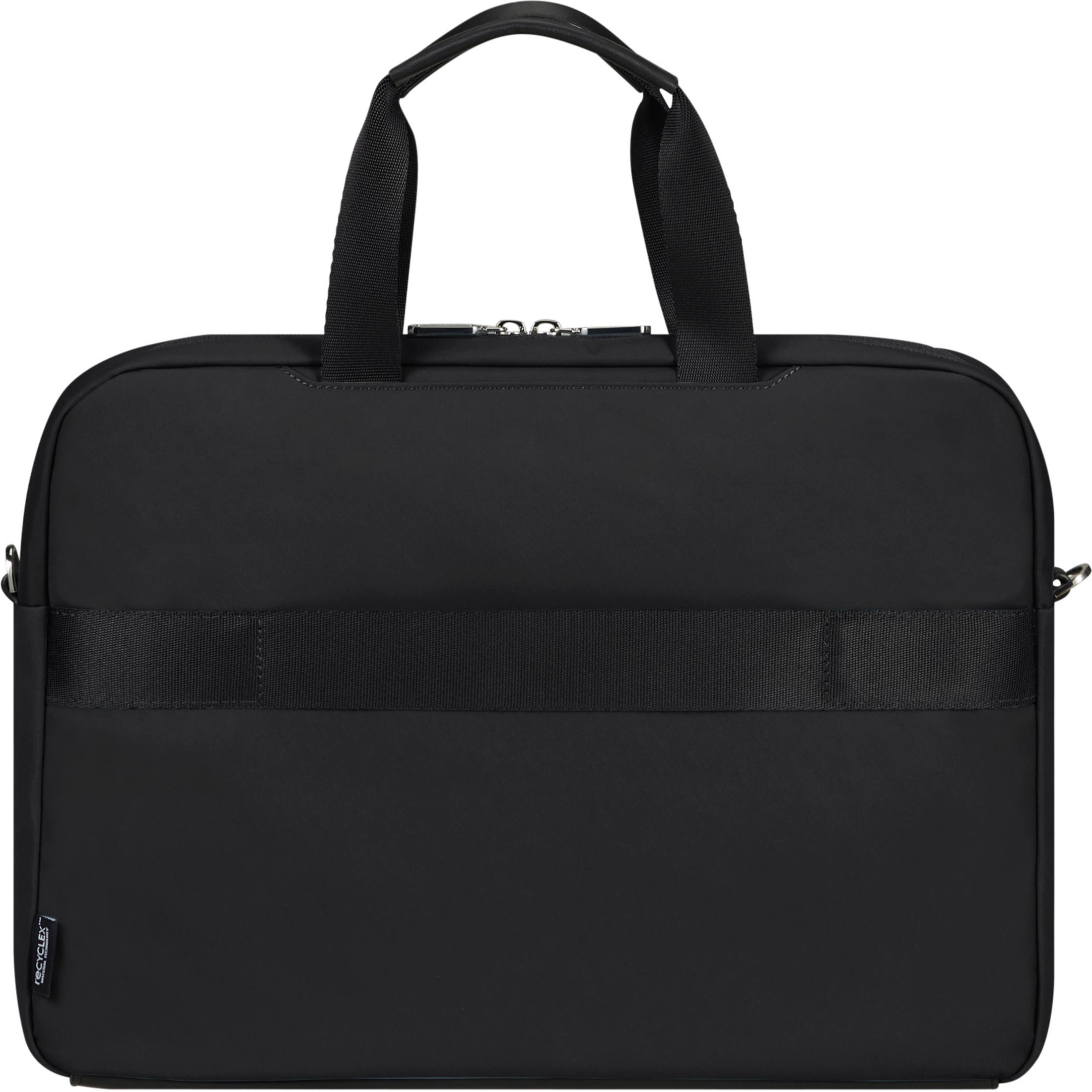 Schwarze Laptoptasche mit zwei Henkeln und einem Schultergurt.