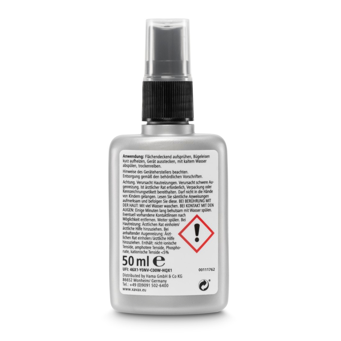 Silberne Sprühflasche mit schwarzem Deckel und Etikett mit Warnhinweisen.