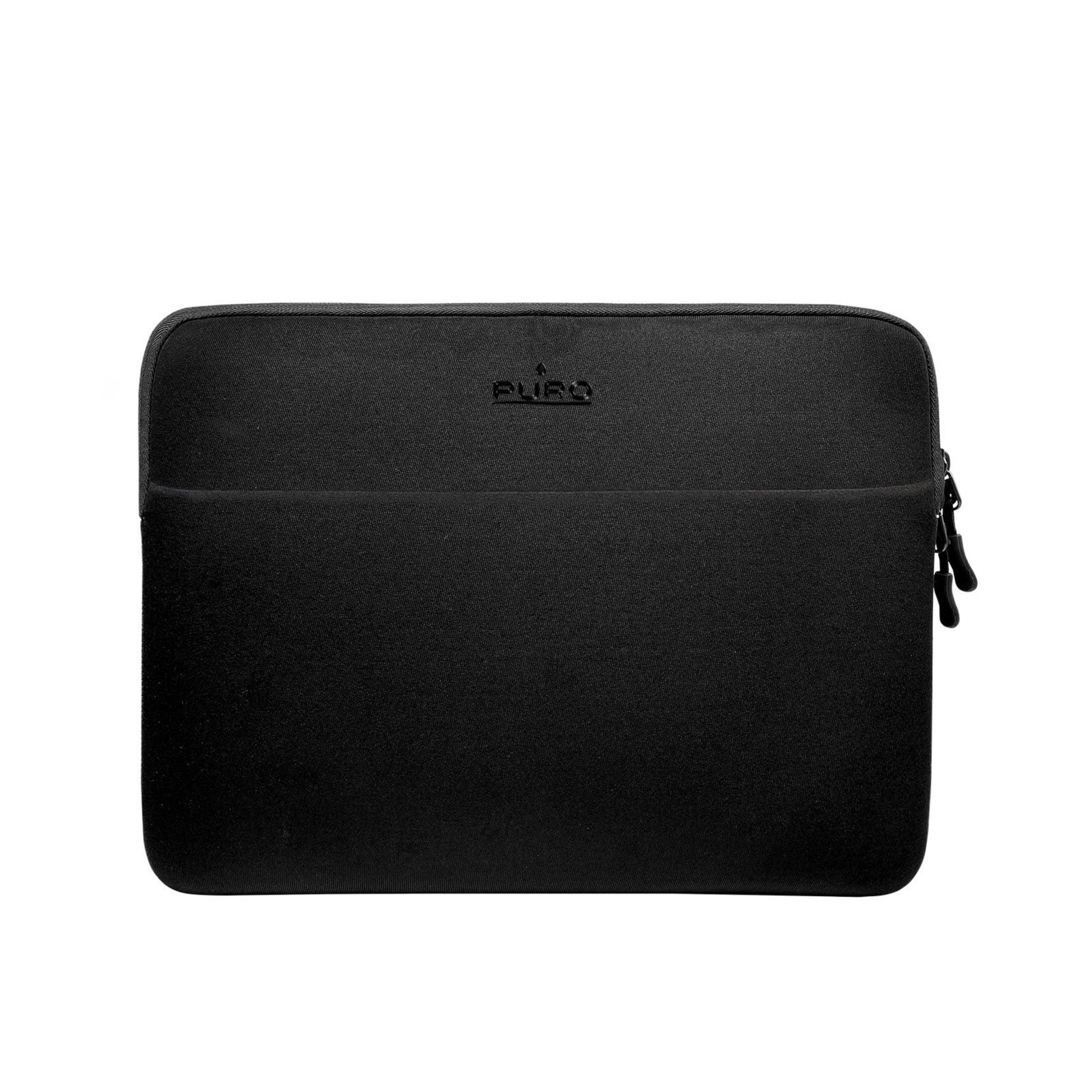 Schwarze Laptoptasche mit Reißverschluss und PURO-Logo.