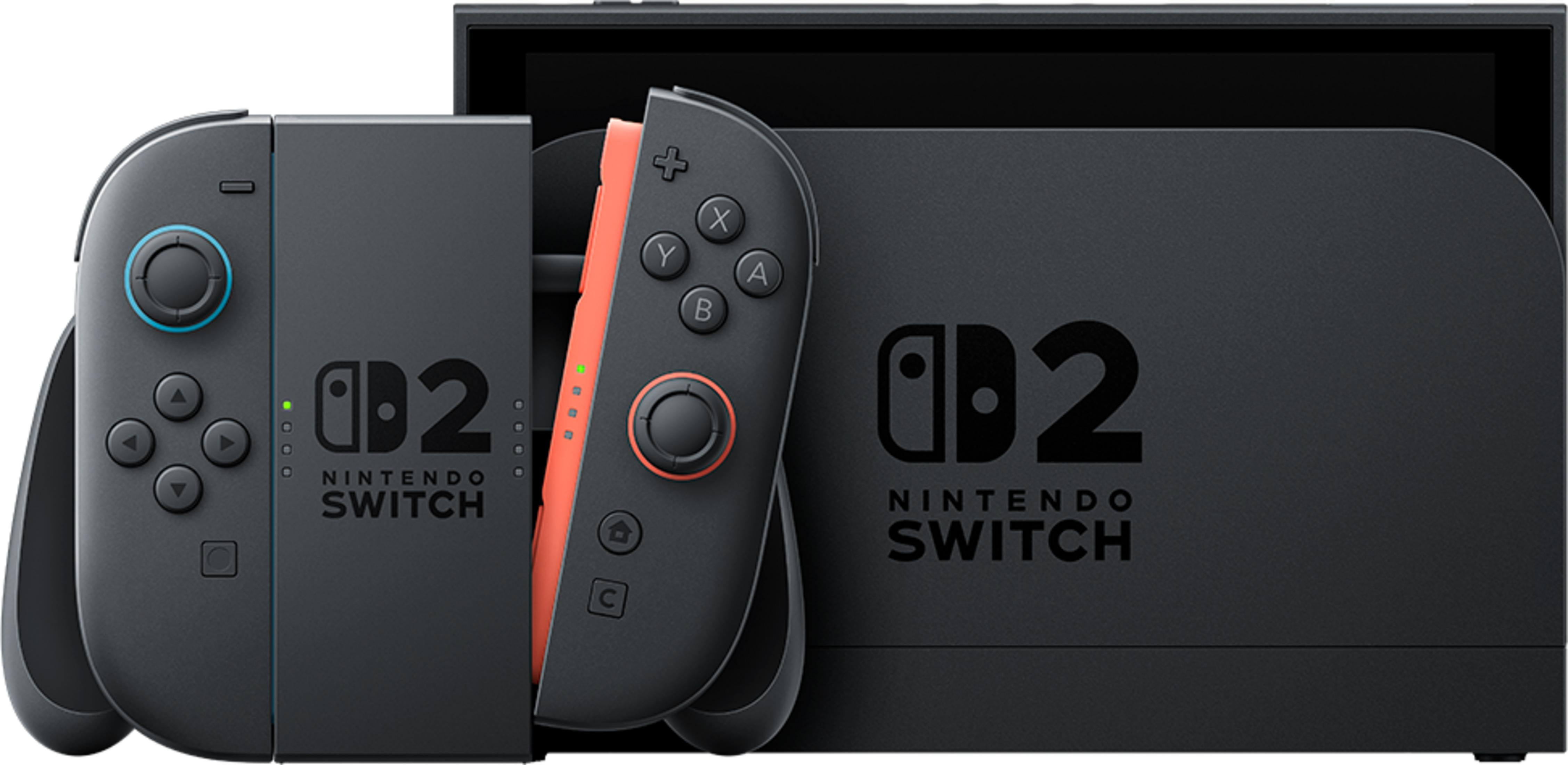 Ein Nintendo Switch mit zwei Joy-Con-Controllern und Dock.