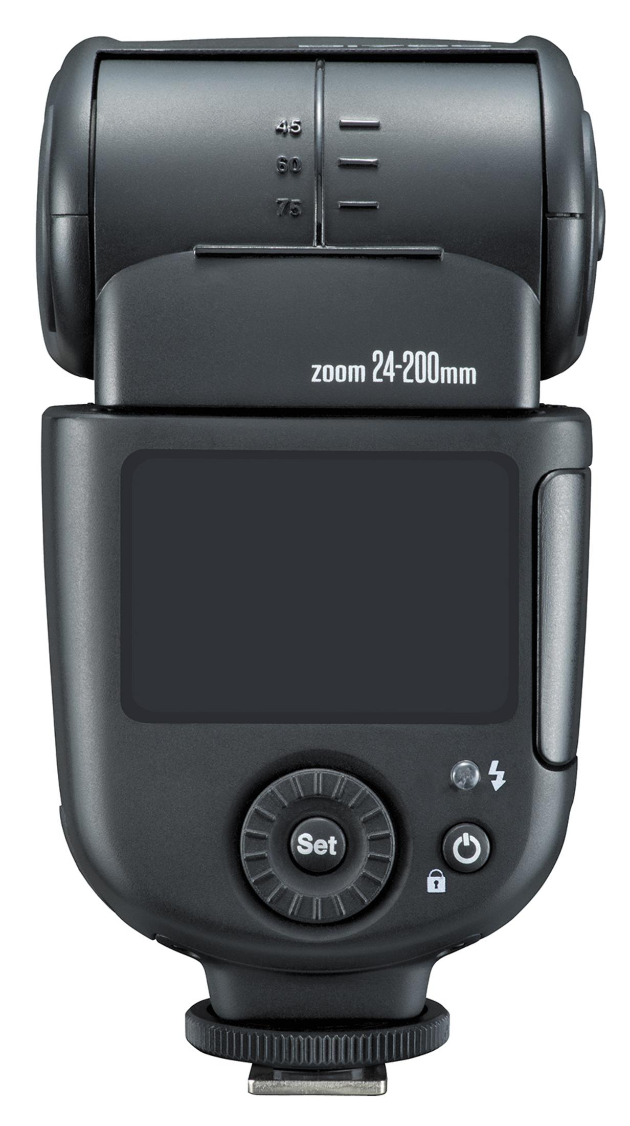 Ein schwarzer Kamerablitz mit Zoom 24-200mm und Einstellrad.