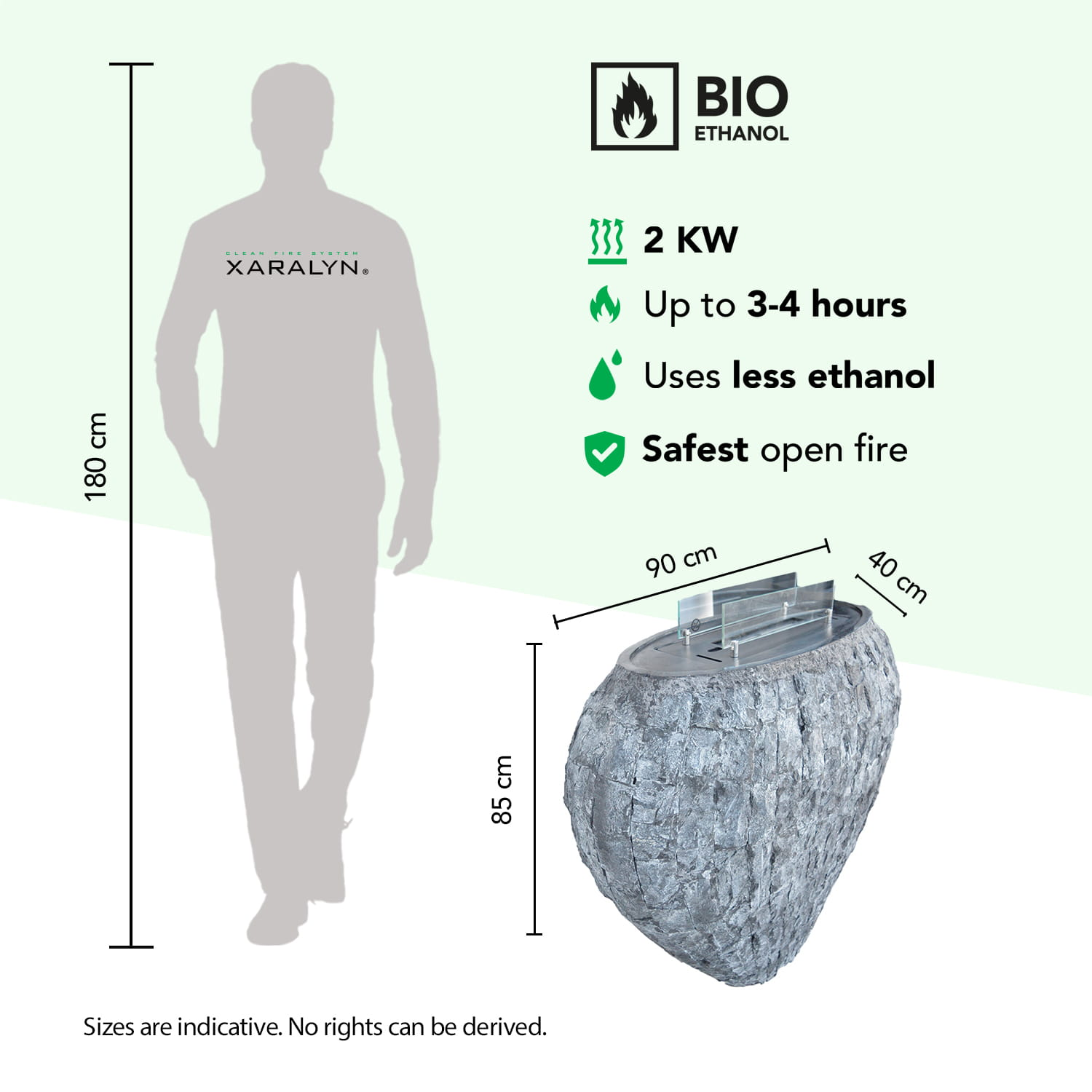 Bio-ethanol haard: 2KW, 85cm H, 90cm B. Steen voet. Man als schaal.