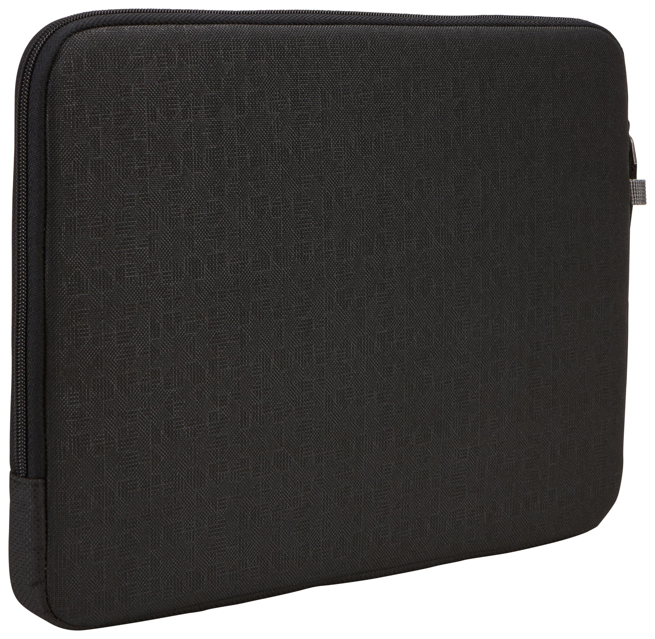 Housse noire zippée pour ordinateur portable avec surface en tissu texturé.