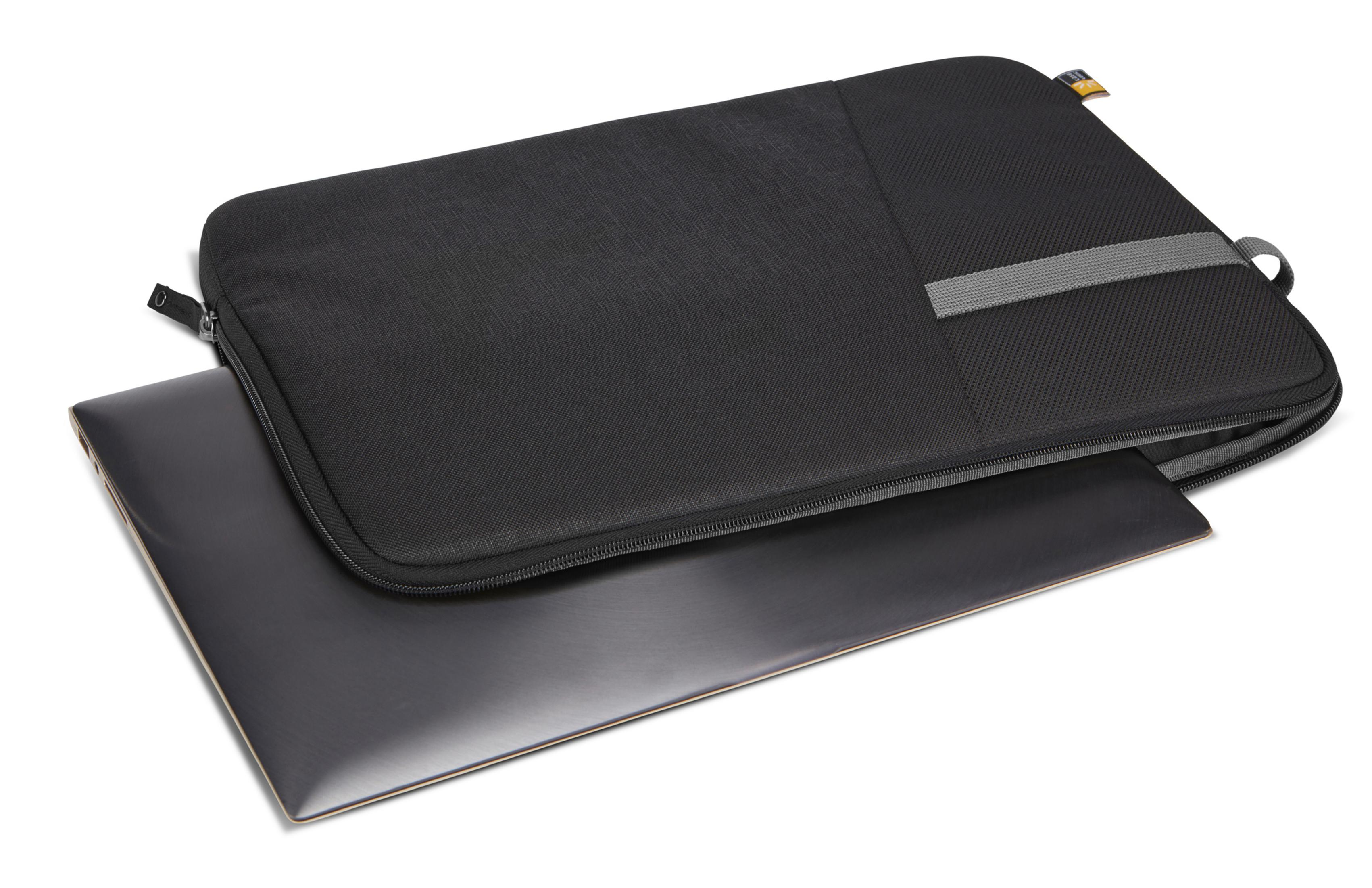 Housse noire pour ordinateur portable avec fermeture éclair, montrant partiellement un ordinateur portable noir.