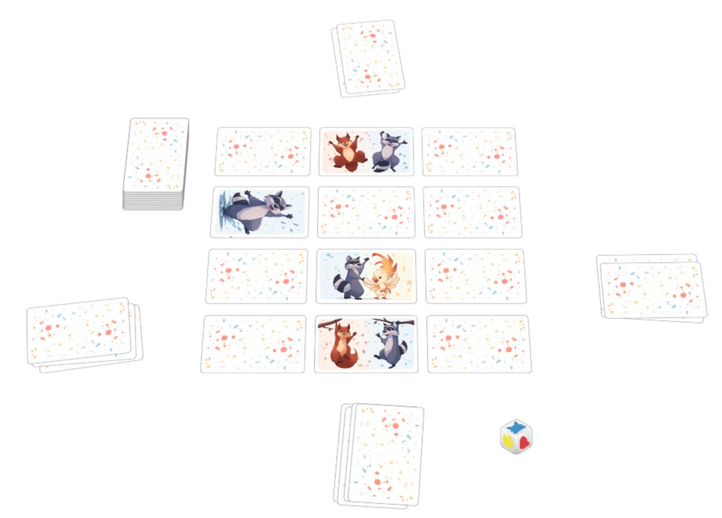 Spielkarten mit bunten Spritzern, Figuren und einem Würfel.