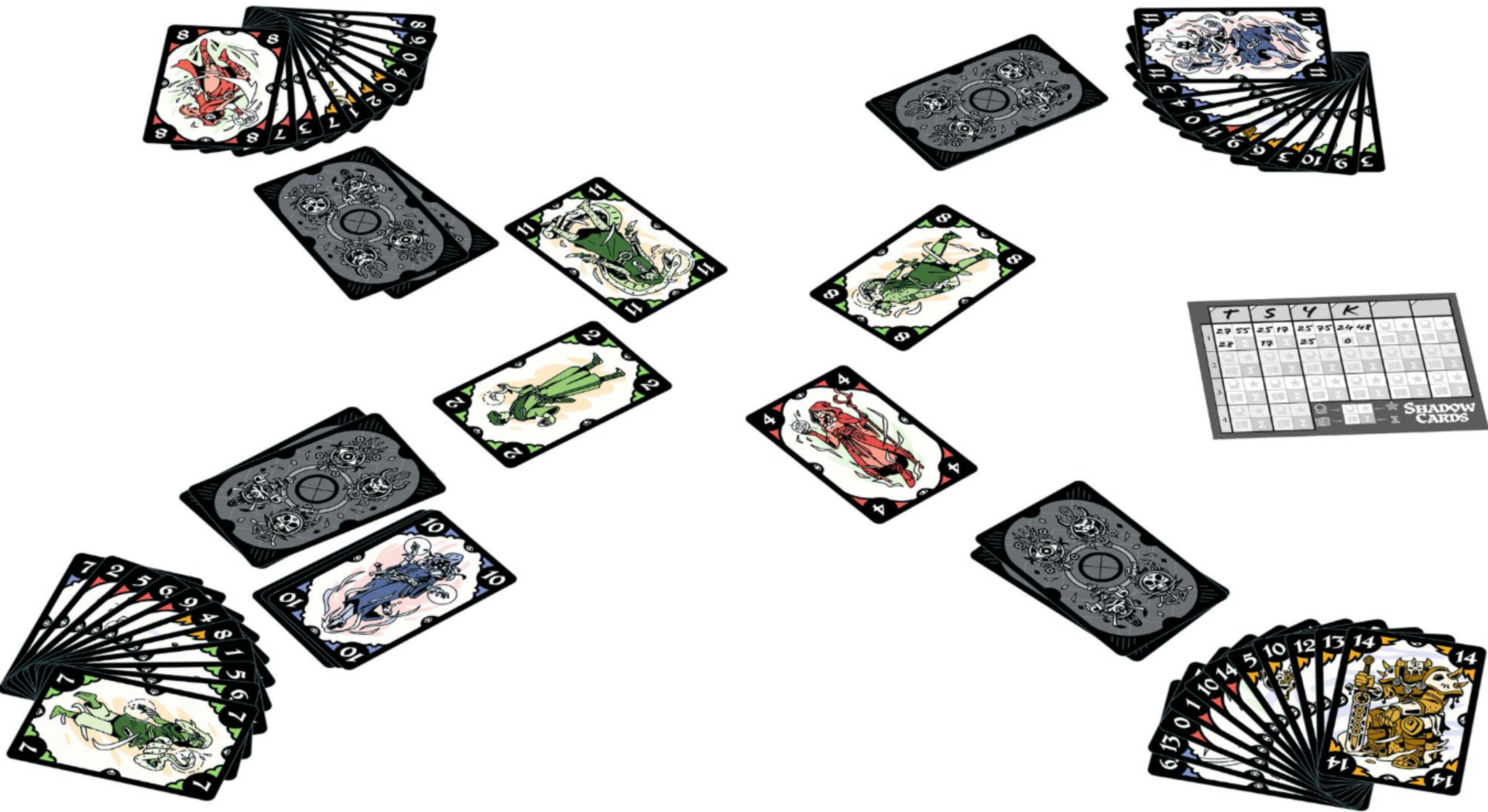 Spielkarten mit Fantasiefiguren und Zahlen auf weißem Hintergrund.