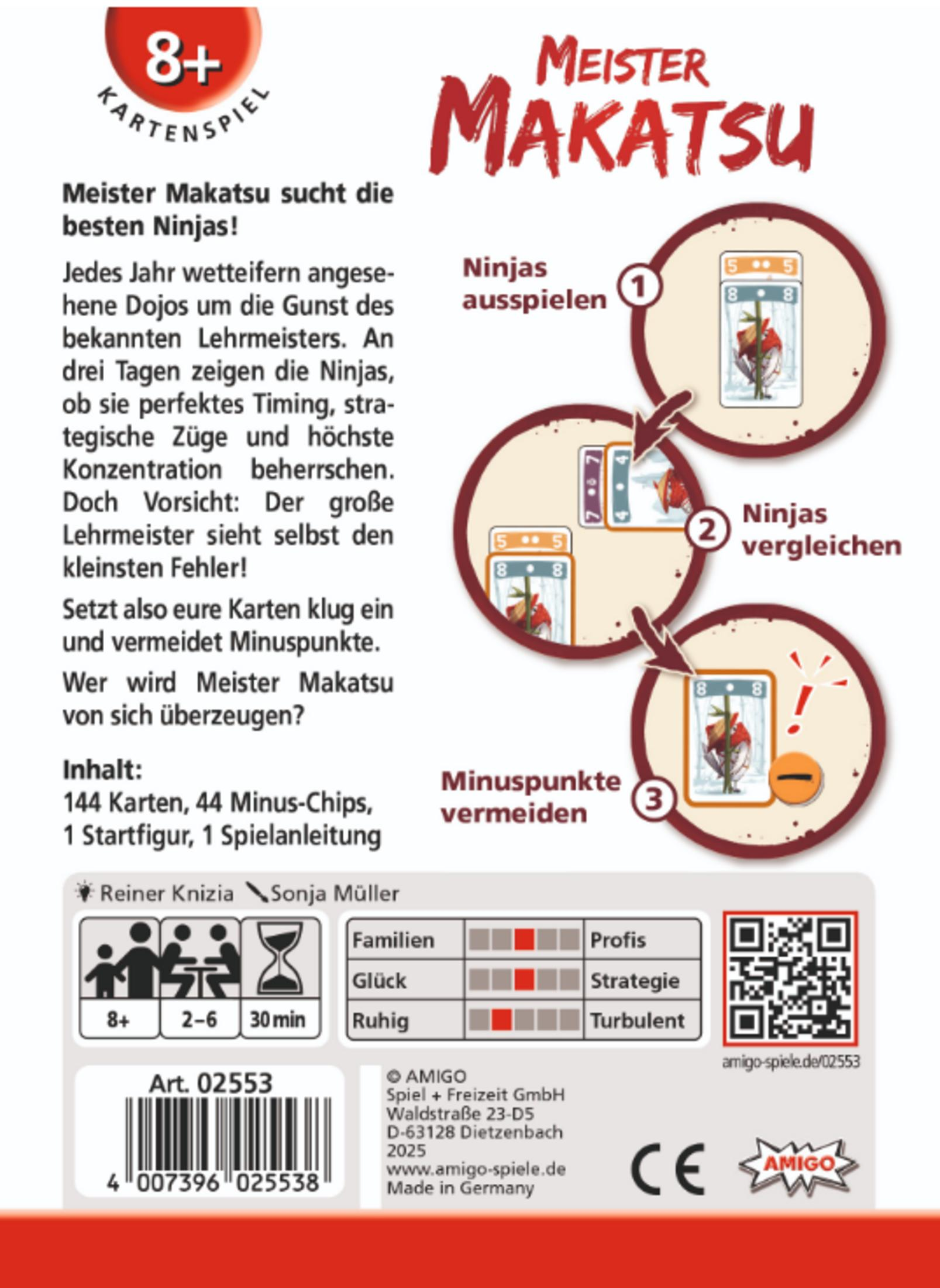 Scatola gioco "Meister Makatsu". Carte, gettoni, pedina. 8+, 2-6 giocatori.