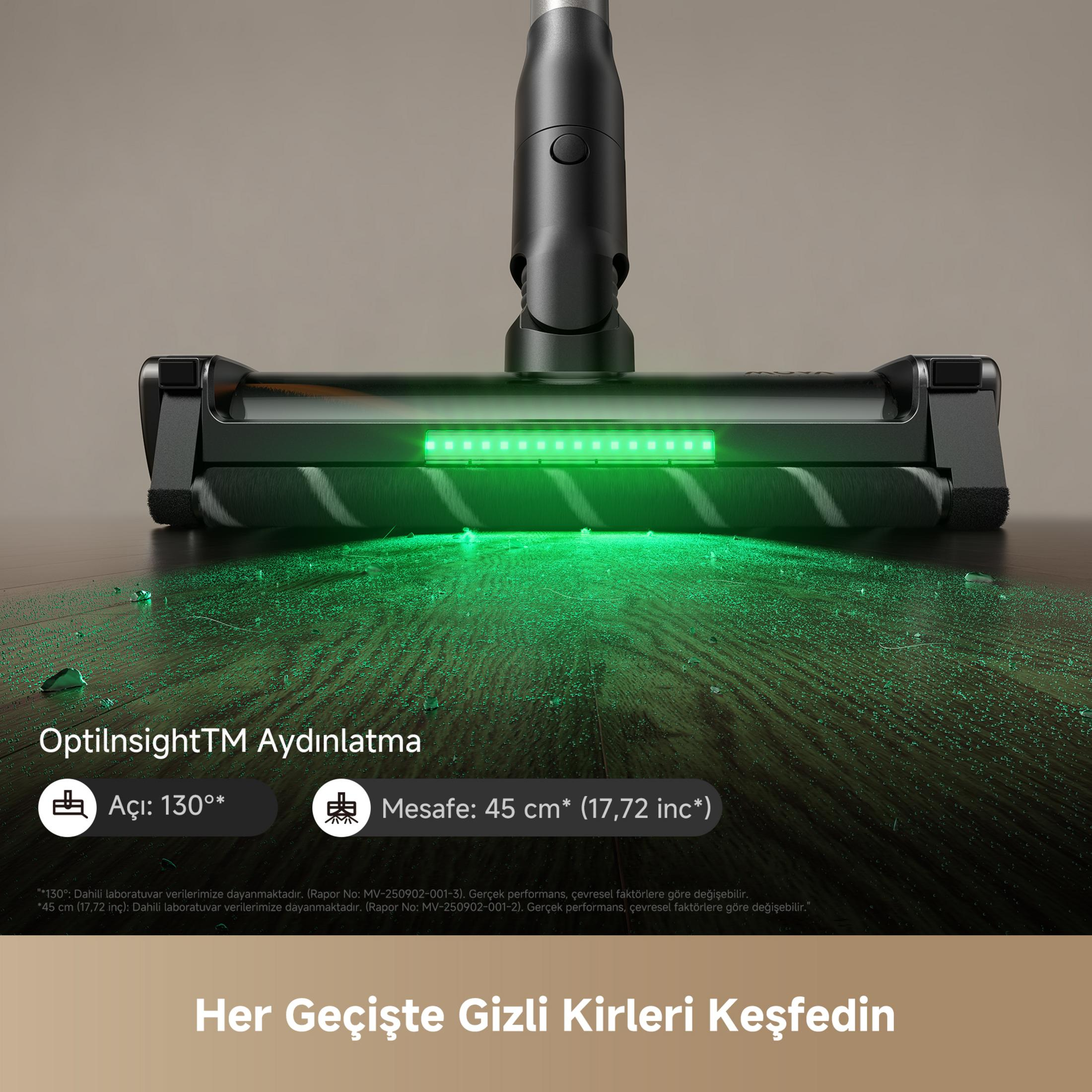 Ugello aspirapolvere con luci LED verdi illumina il pavimento coperto di detriti.