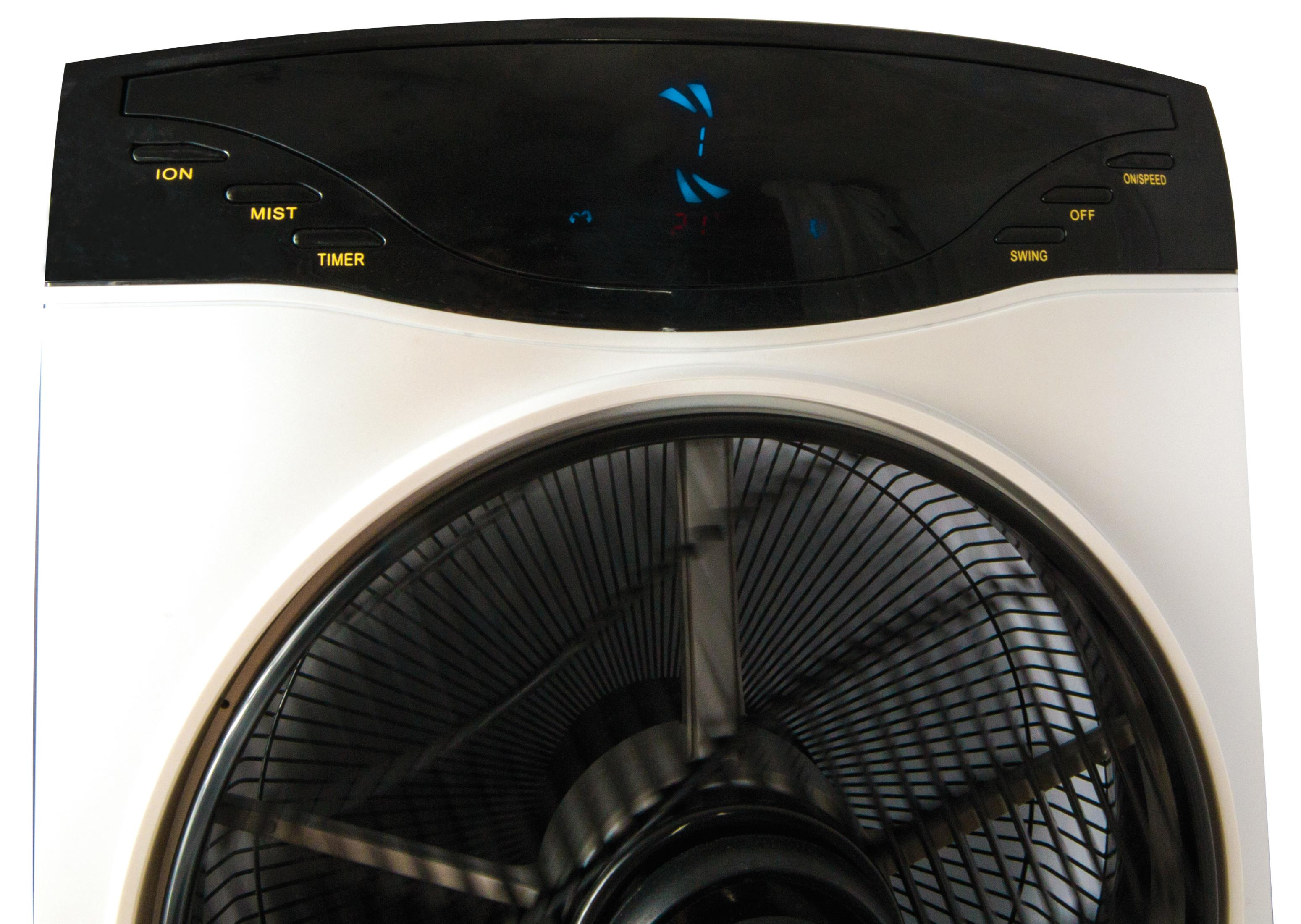 Un ventilateur blanc avec panneau de commande noir et pales.