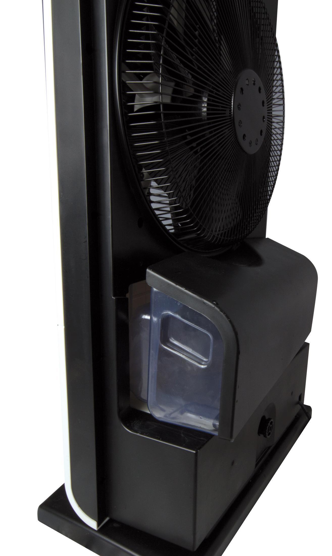Un ventilateur noir avec un réservoir d'eau transparent.