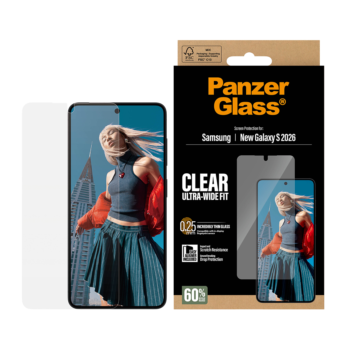 Panzer Glass ekran koruyucu Samsung S2026 için, şeffaf, ultra geniş uyum, darbe koruması.