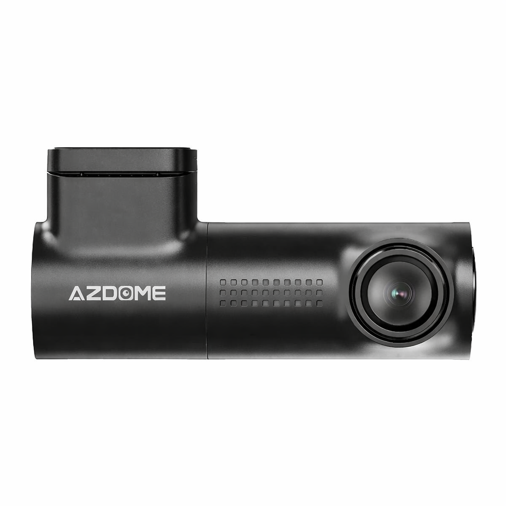 Een zwarte AZDOME dashcam met lens en ventilatierooster.