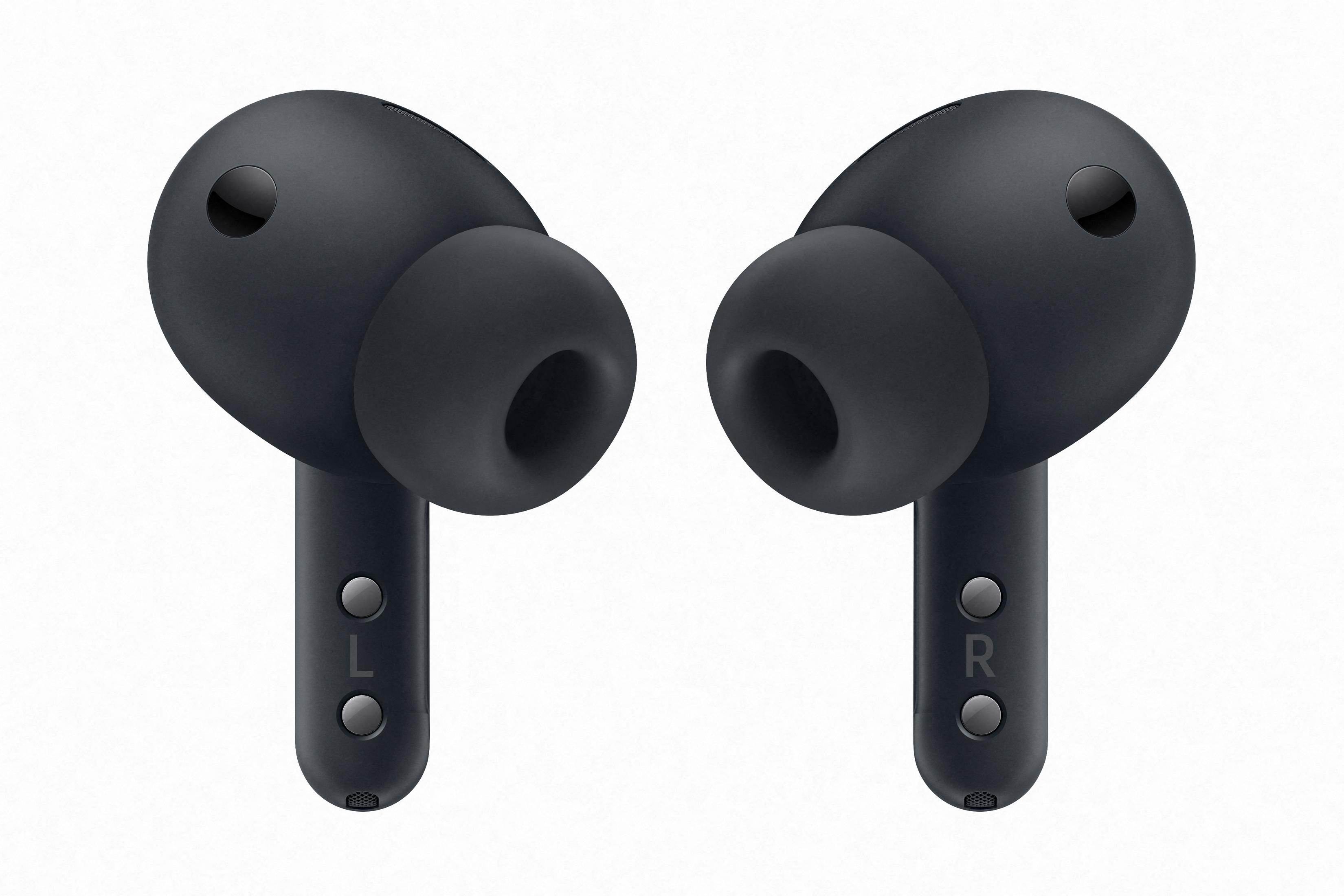 Due auricolari wireless scuri con accenti argentati su sfondo bianco.
