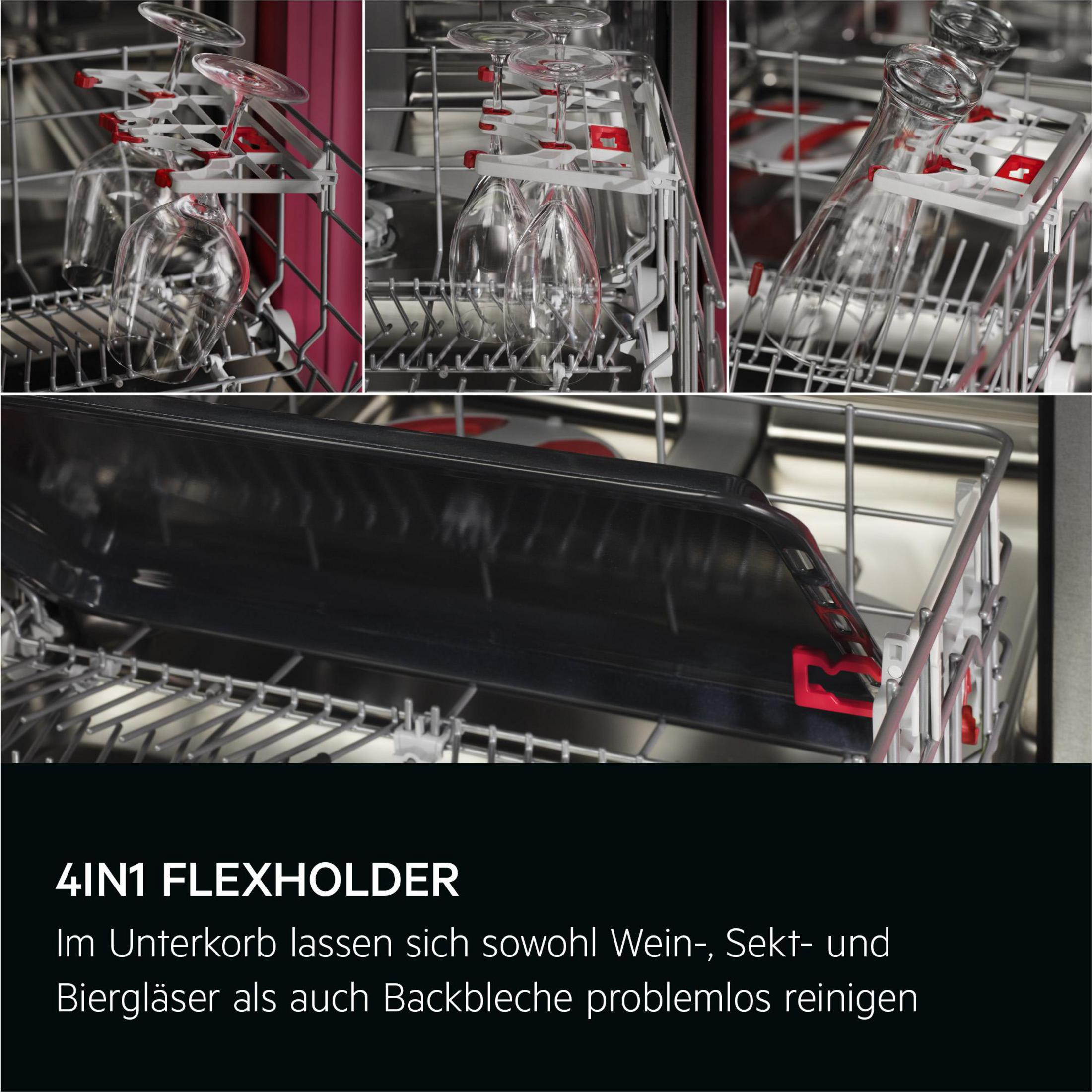 Gläser und Backbleche in einem Geschirrspüler-Unterkorb mit Flexholder-System.
