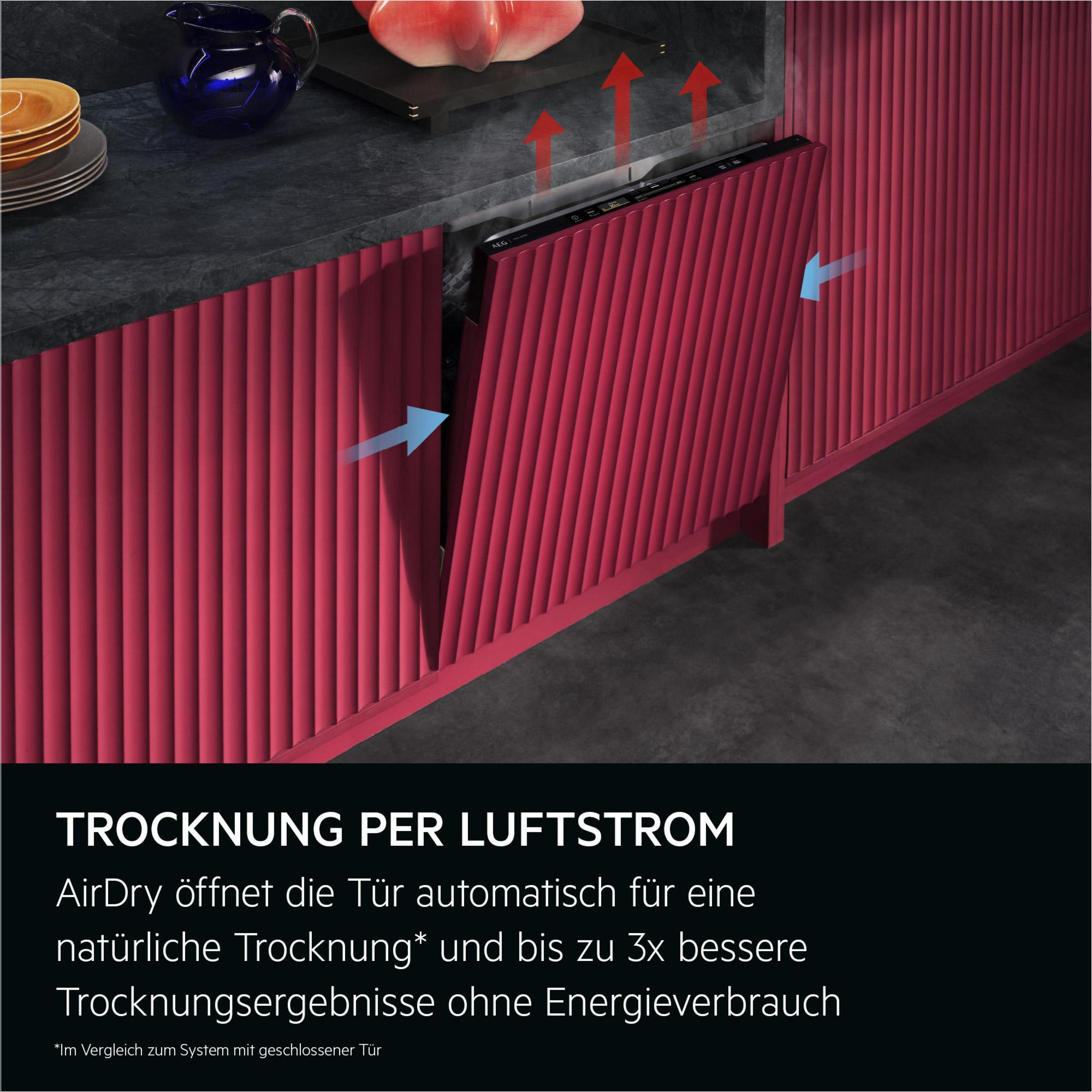 Geschirrspüler mit geöffneter Tür, rote Pfeile zeigen Luftstrom.