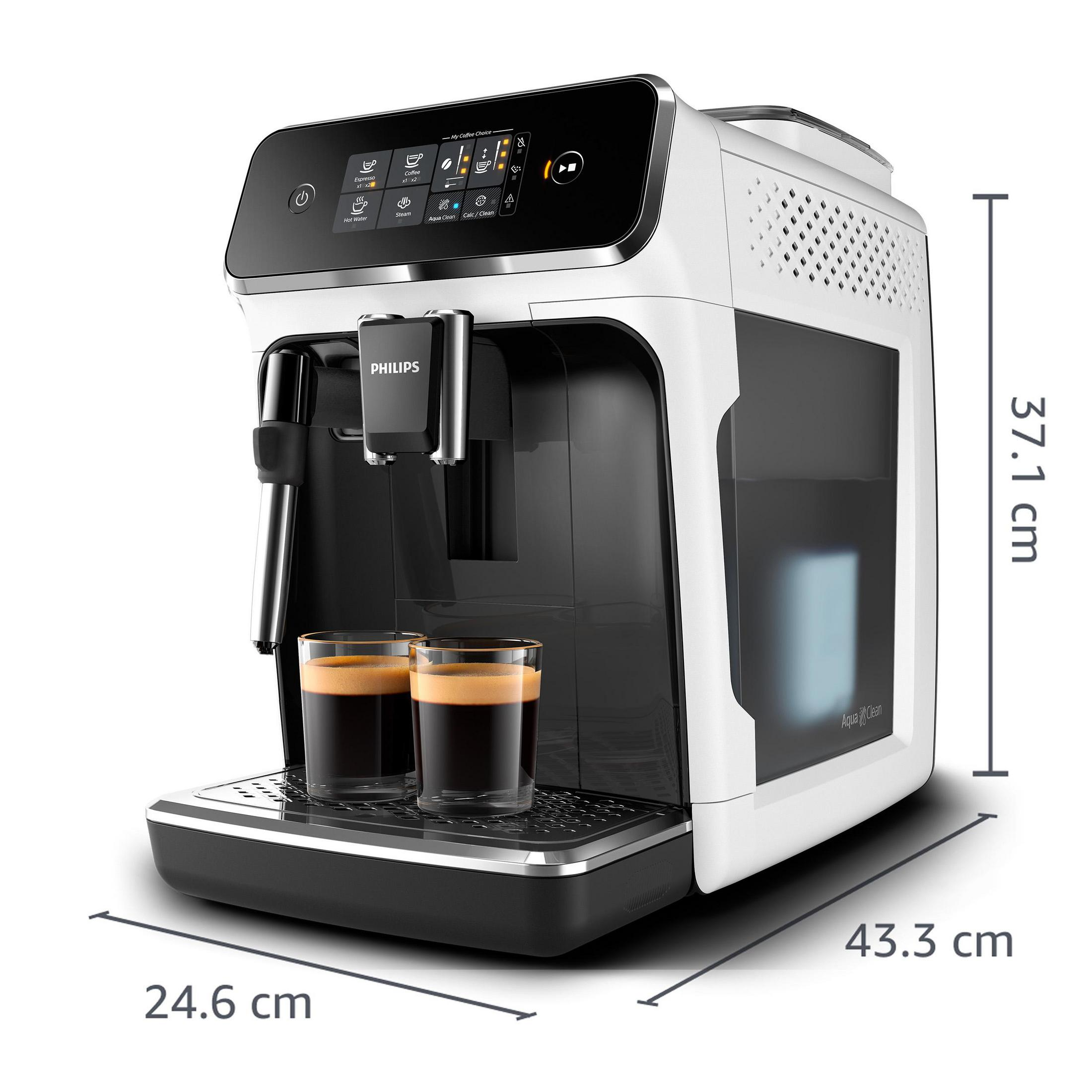 Eine weiße Philips-Kaffeemaschine mit zwei Gläsern Espresso und Maßangaben.
