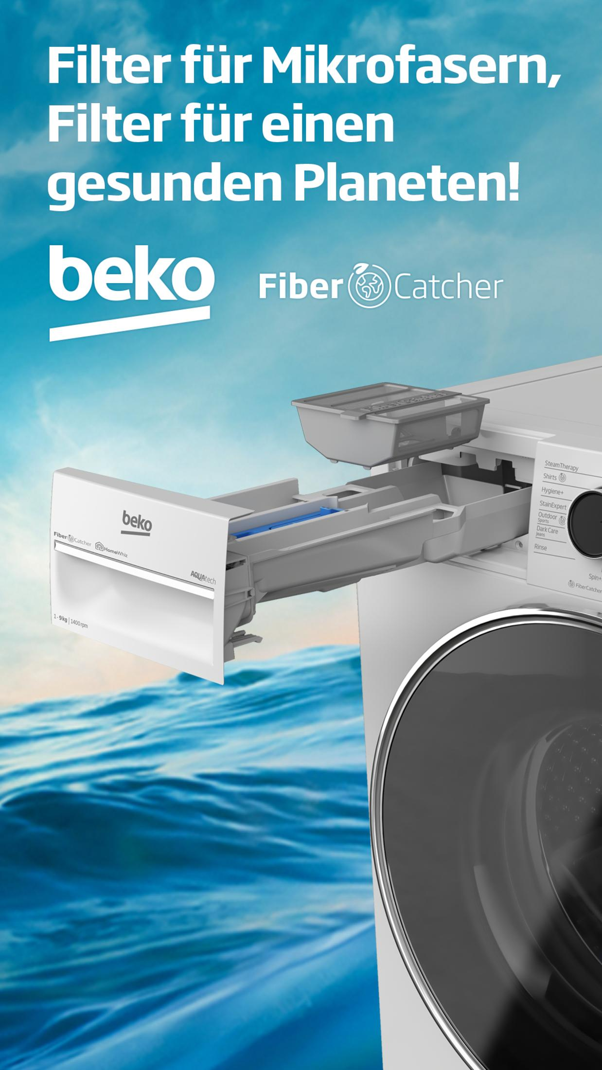 Beko Waschmaschine mit Faserfänger, im Vordergrund der Waschmittelbehälter.