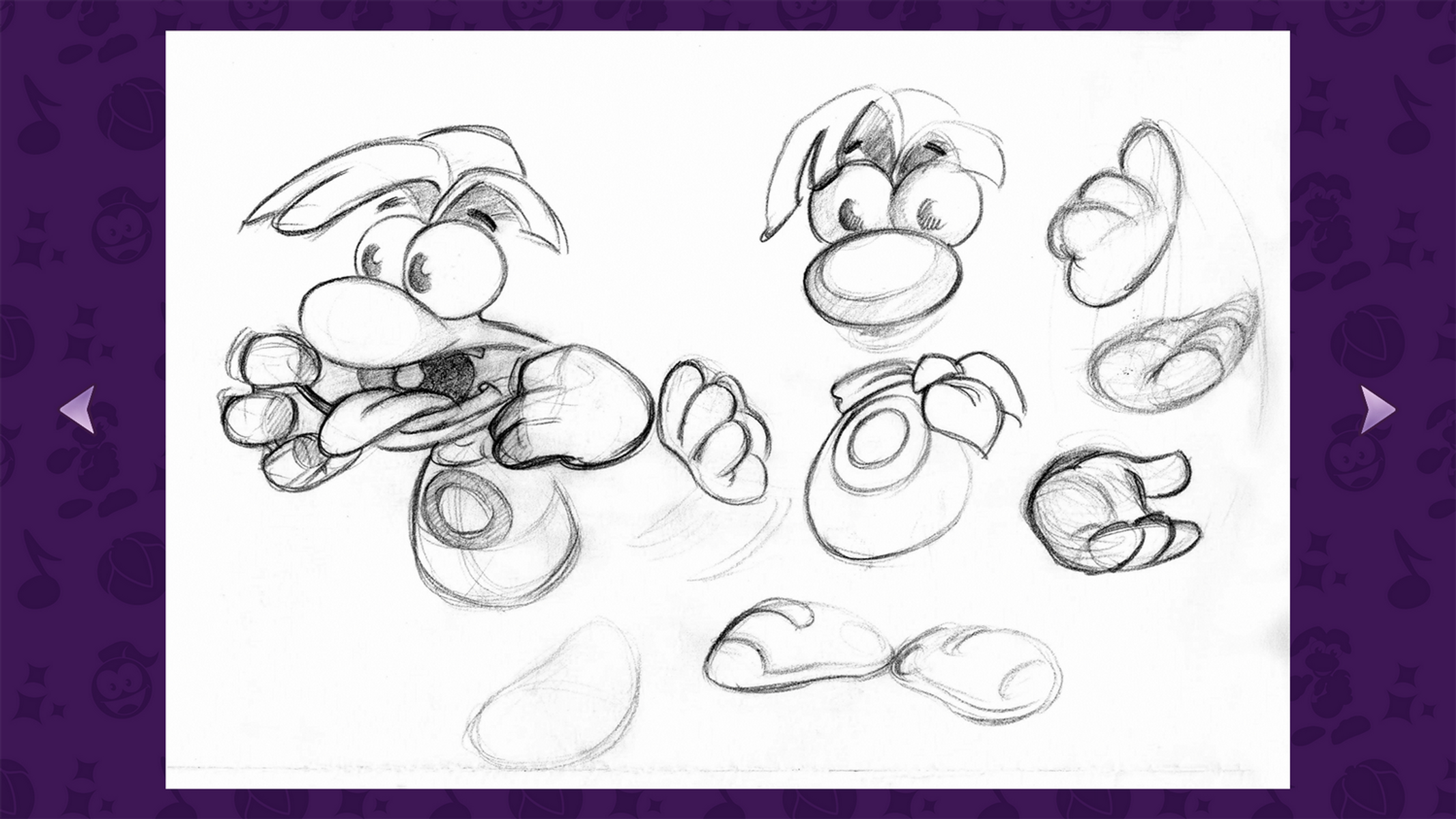 Schizzi a matita della testa, delle mani e dei piedi di Rayman in varie pose.