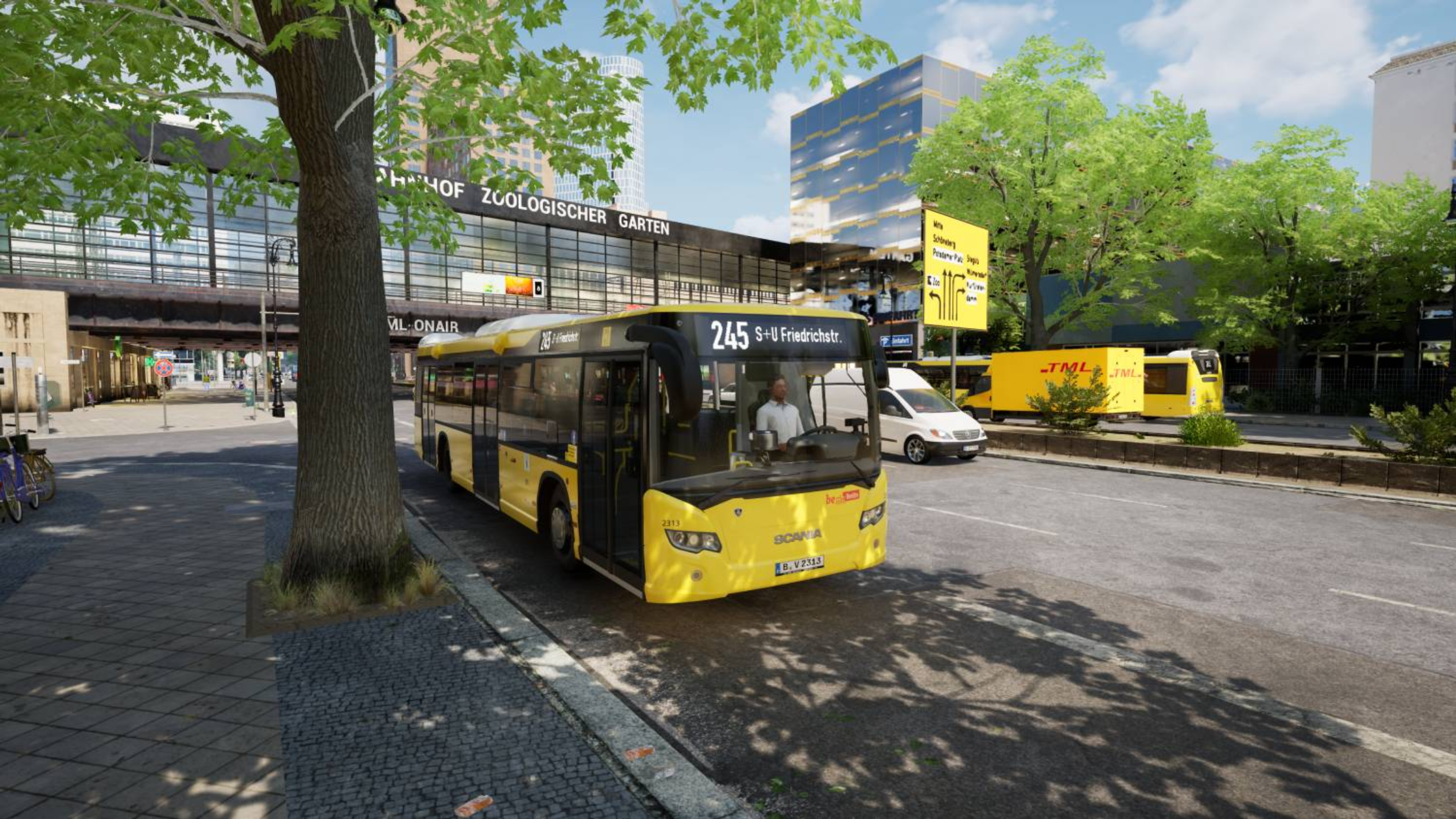 Żółty autobus miejski przejeżdża obok dworca Zoologischer Garten w słoneczny dzień.