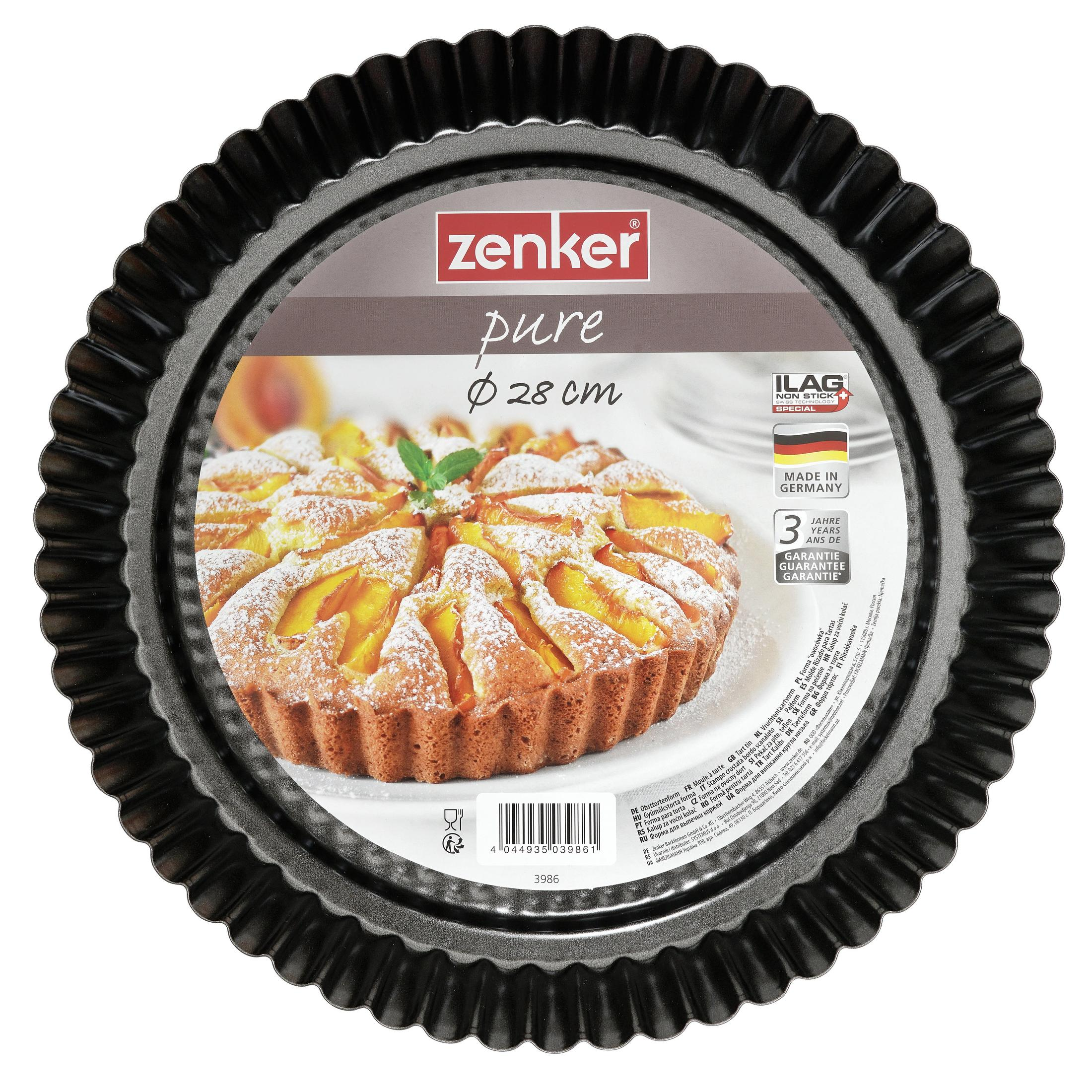 Moule à tarte Zenker, 28 cm, avec une tarte sur l'emballage.