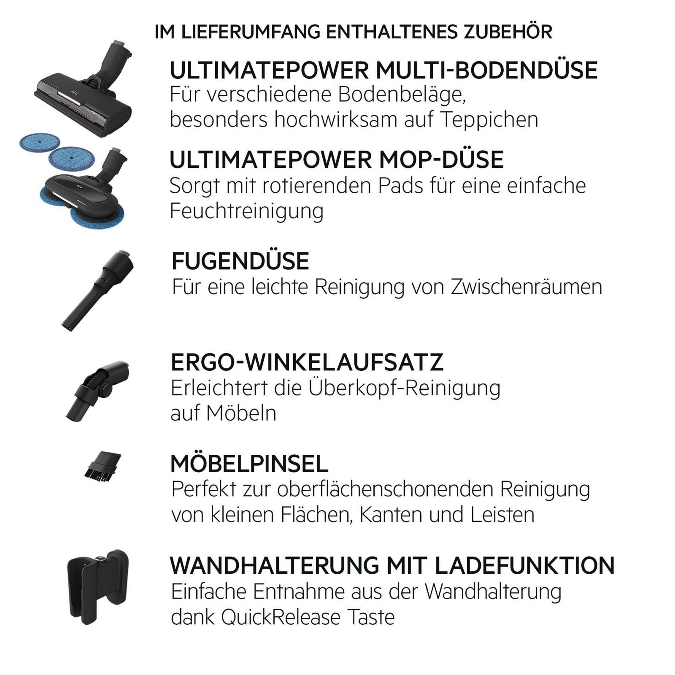 Saugbürsten, Mopp-Aufsatz, Fugendüse, Winkelaufsatz, Möbelpinsel und Wandhalterung.